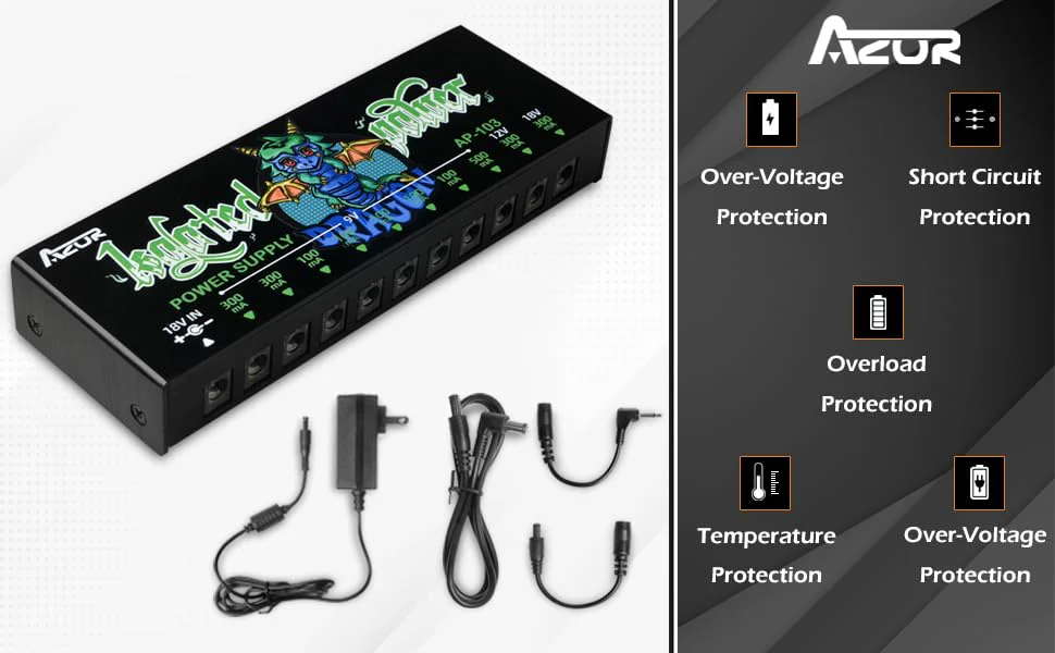 AZOR AP-103 Guitar Pedal Power Supply, True Isolated Pedalboard Power Supply with 10 Totally Isolated DC 9V/12V/18V Outputs(100mA/300mA/500mA), Noiselessly - Reliable Guitar Pedal Board Power Supply - Image 4