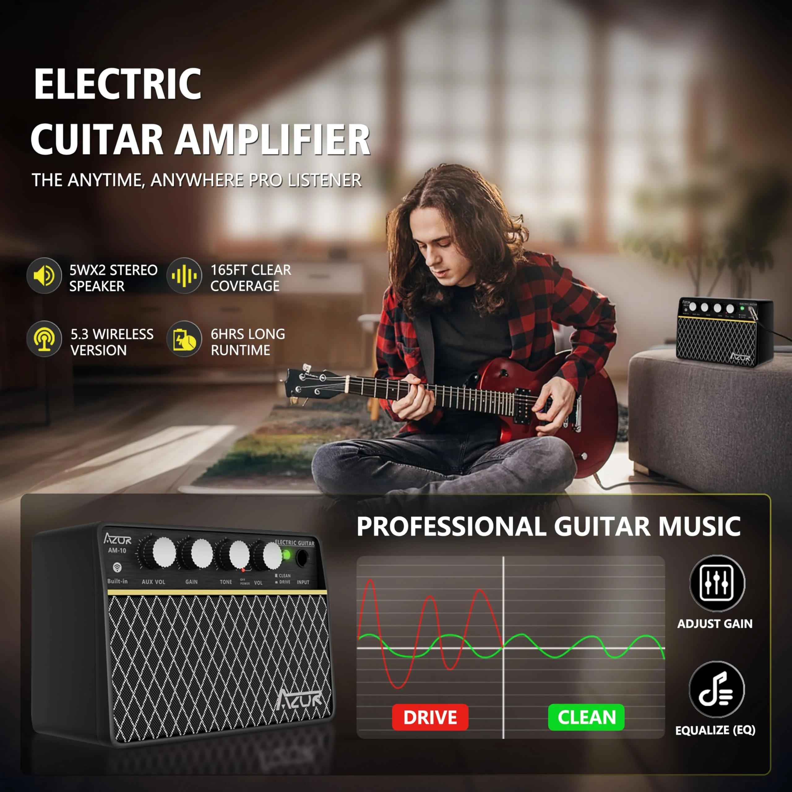 AZOR Guitar Amp, 10W USB-C Rechargeable, 6H Working Mini Electric Guitar Amplifier Wireless Amp with Clean/Drive Channels with 3.5mm Headphone/AUX Jack Output for Indoor Practice ABA-10 - Image 2