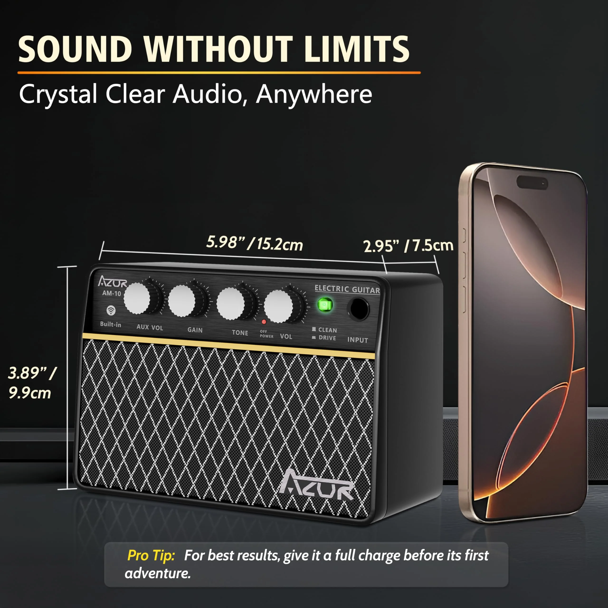 AZOR Guitar Amp, 10W USB-C Rechargeable, 6H Working Mini Electric Guitar Amplifier Wireless Amp with Clean/Drive Channels with 3.5mm Headphone/AUX Jack Output for Indoor Practice ABA-10 - Image 6