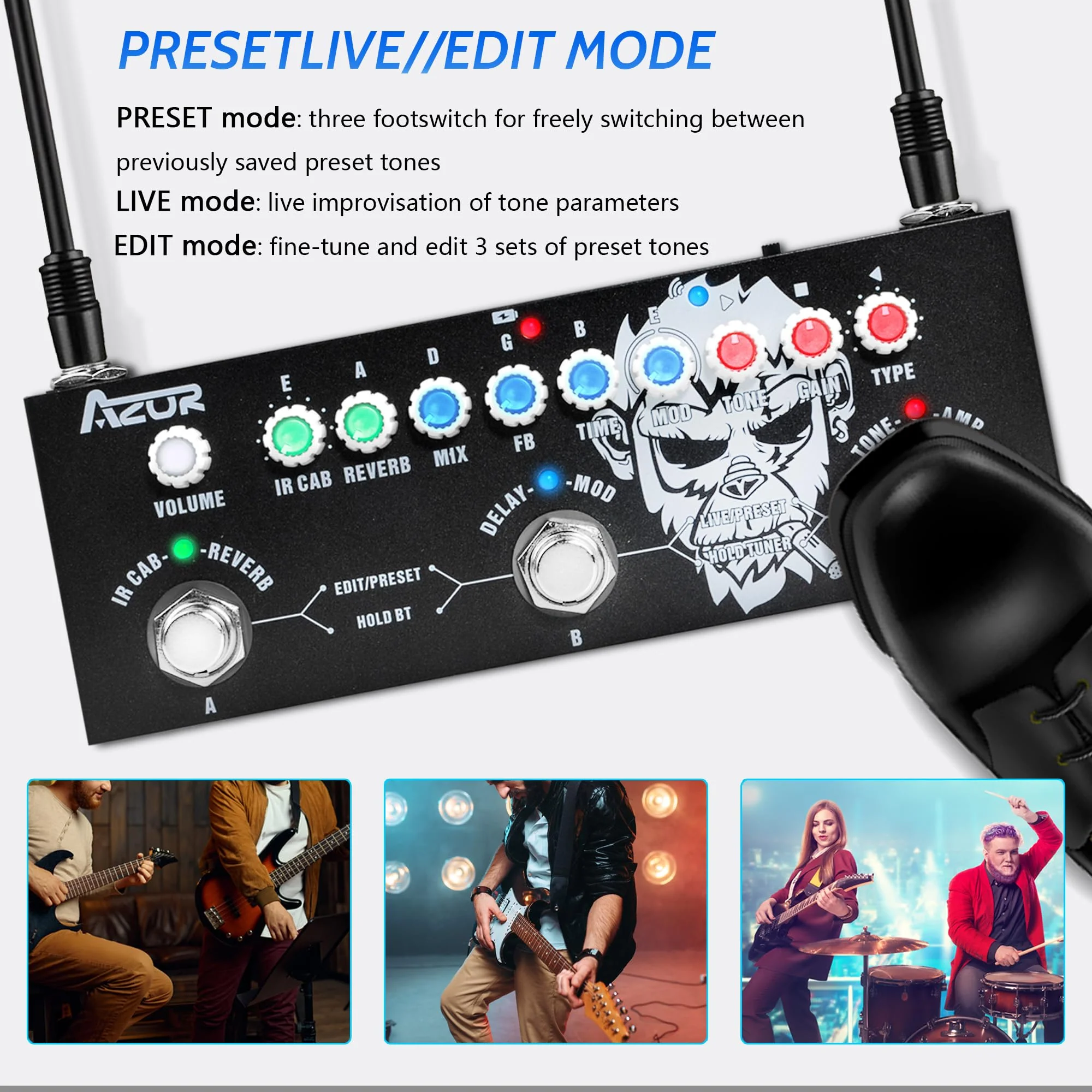 AZOR Multi Effects Guitar Pedal with 3 Preset,8 IR Cab 9 AMP Models, Reverb Delay Overdrive, Distortion and Tuner for Electric Guitar, Rechargable Multi Effect Pedal - Image 2