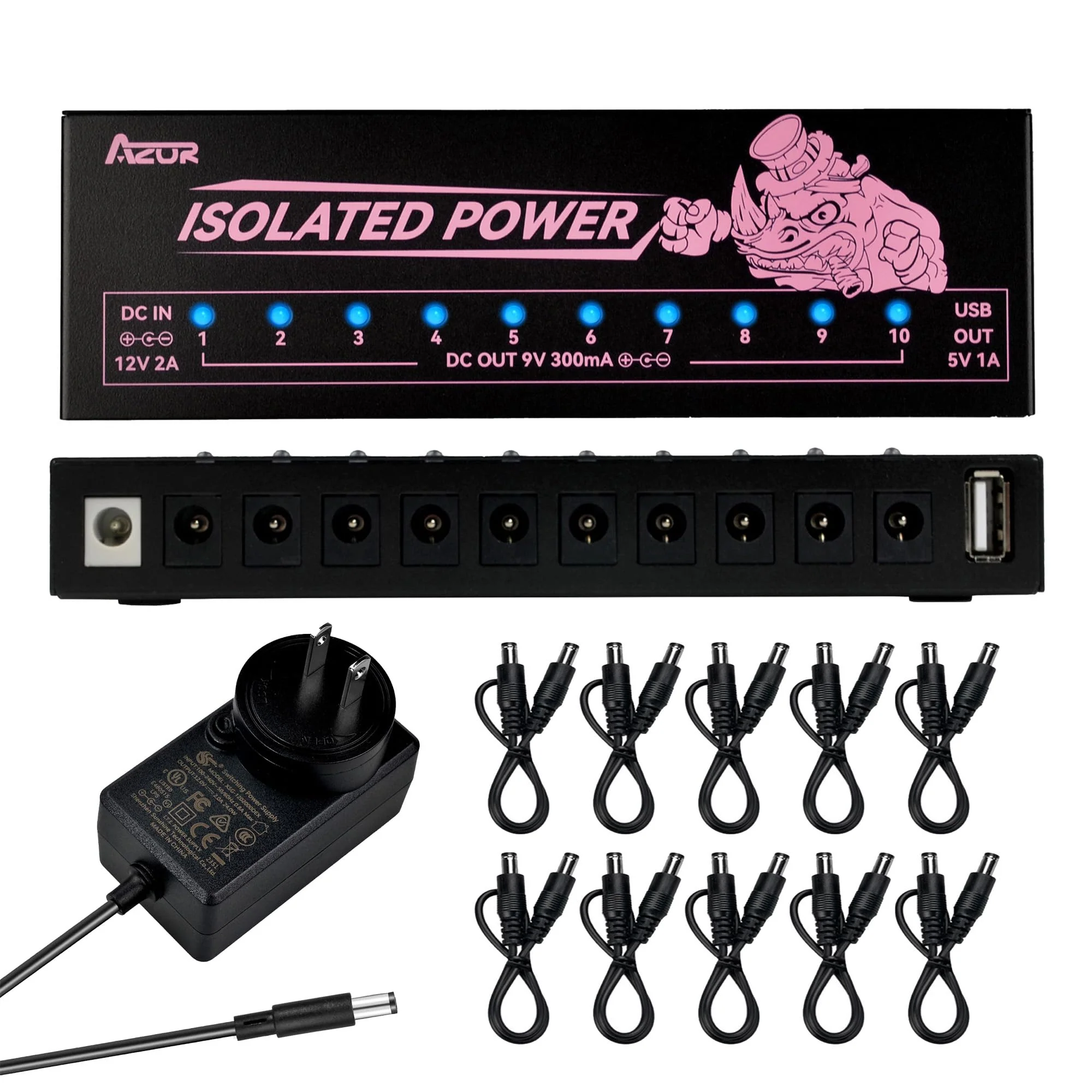AZOR Professional 12v power supply for guitar pedals with 10 isolated Outputs - 9v power supply Compatible, Overcurrent Protection, low noise and Heat Dissipation
