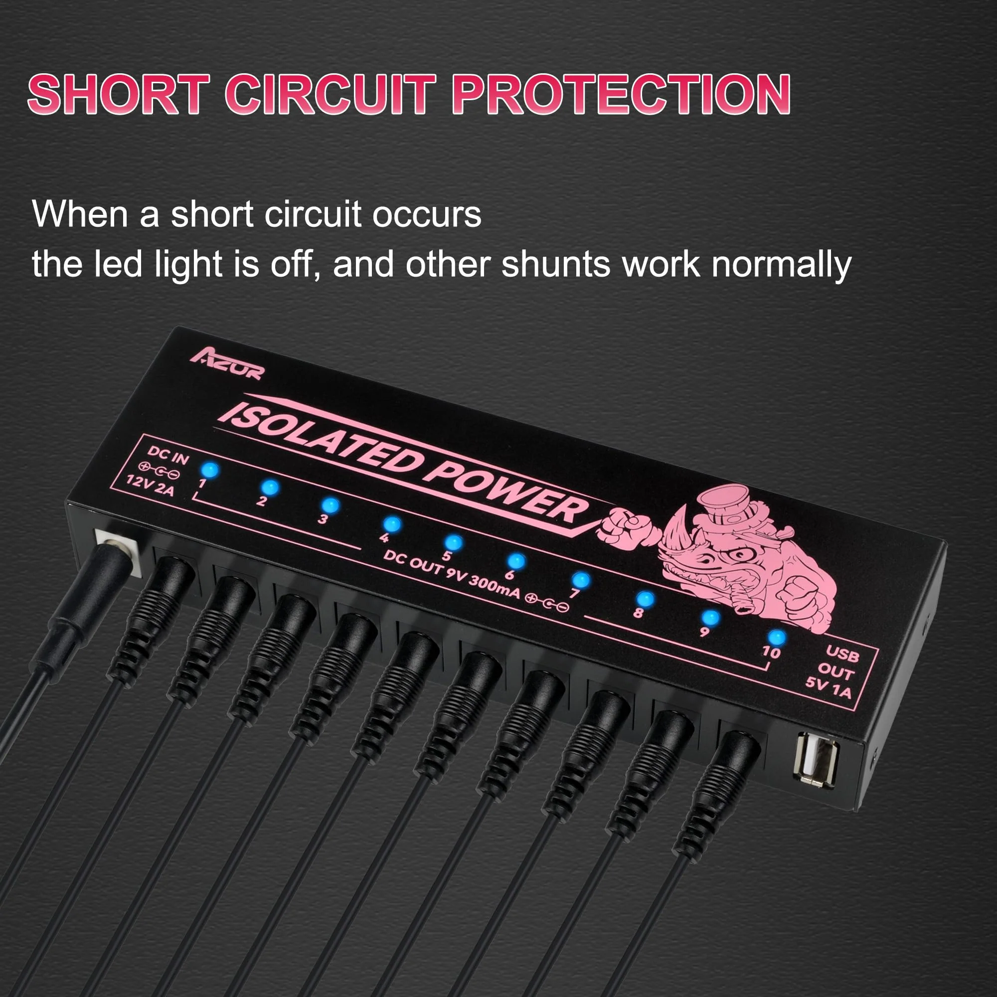 AZOR Professional 12v power supply for guitar pedals with 10 isolated Outputs - 9v power supply Compatible, Overcurrent Protection, low noise and Heat Dissipation - Image 3