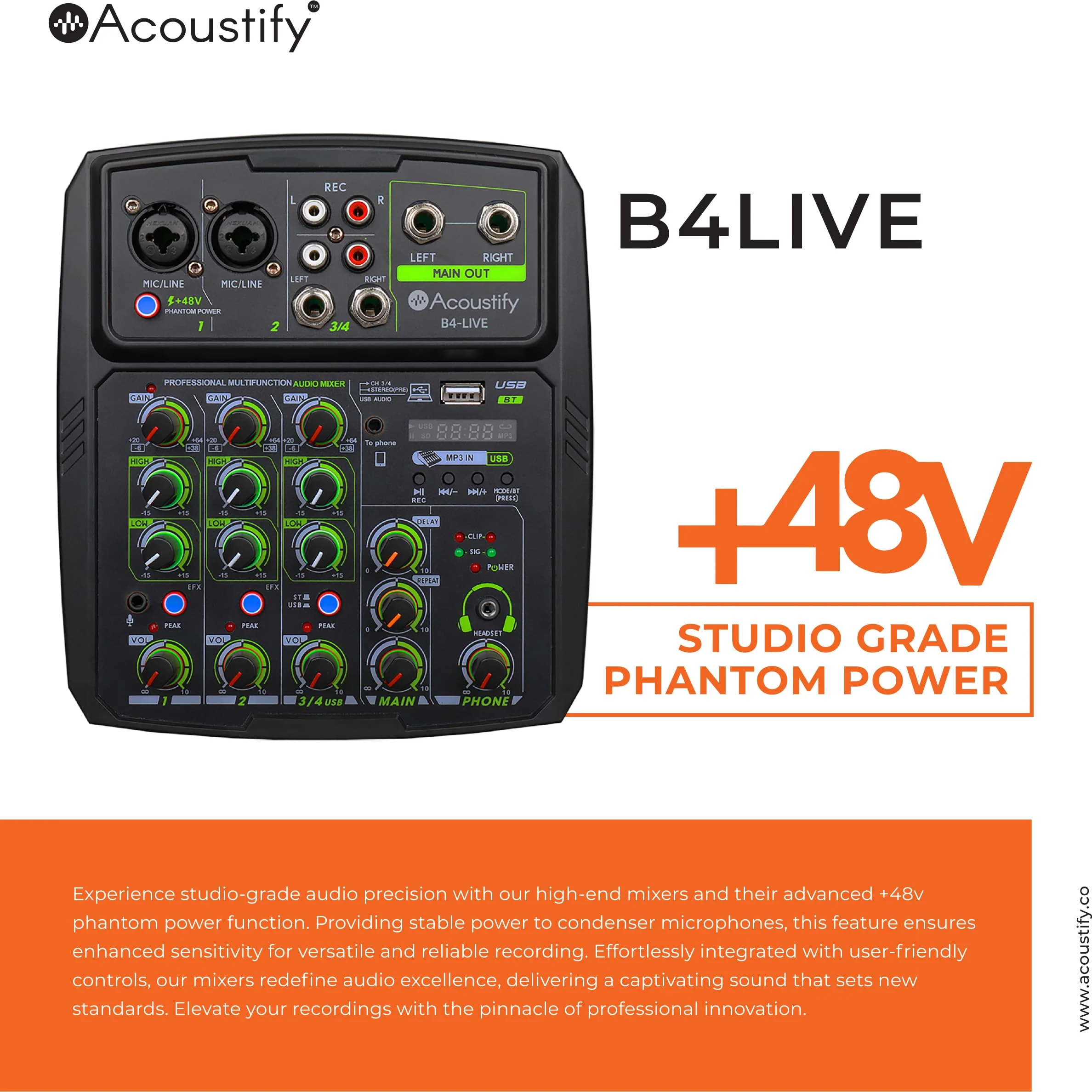 B4-Live 4-Channel DJ Mixer with Bluetooth, USB Playback, Recording, 48V Phantom Power, and Effects – Professional DJ Audio Mixer for Live Sound, Podcasting, and Studio Recording - Image 4