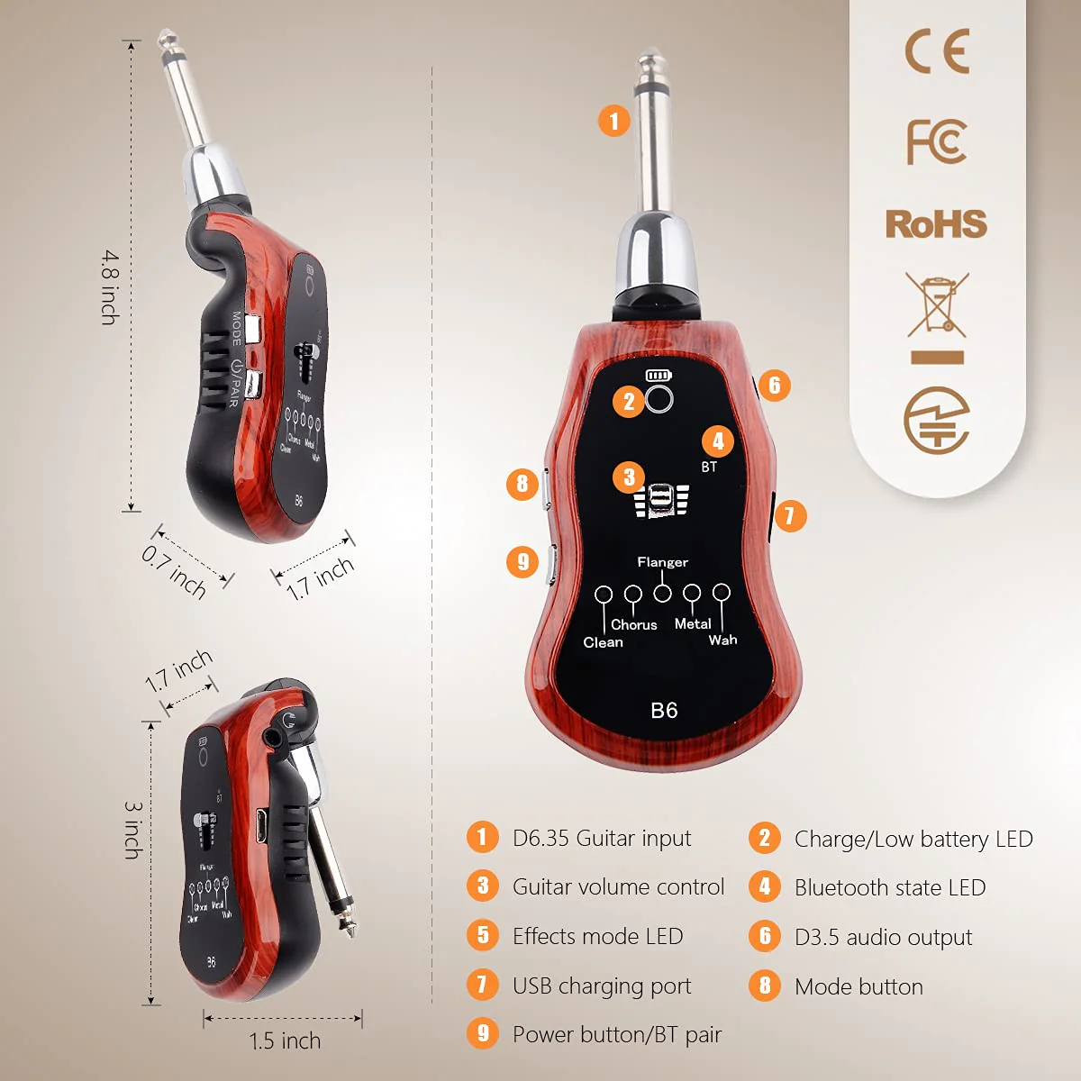 B6 Guitar Headphone Amp Mini Plug Guitar Amplifier Bluetooth Receiver Rechargeable For Electric Travel Pocket Guitar With Reverb/Chorus/Flanger/Overdrive/Wow Wah 5 Effects (Mahogany Color) Mahogany Color; Guitar Bass Headphone Amp - Image 2