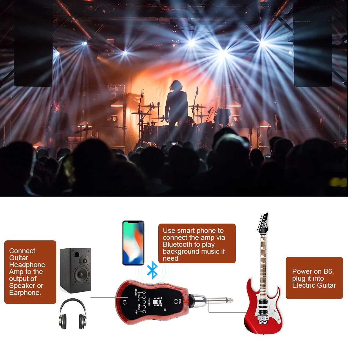 B6 Guitar Headphone Amp Mini Plug Guitar Amplifier Bluetooth Receiver Rechargeable For Electric Travel Pocket Guitar With Reverb/Chorus/Flanger/Overdrive/Wow Wah 5 Effects (Mahogany Color) Mahogany Color; Guitar Bass Headphone Amp - Image 4