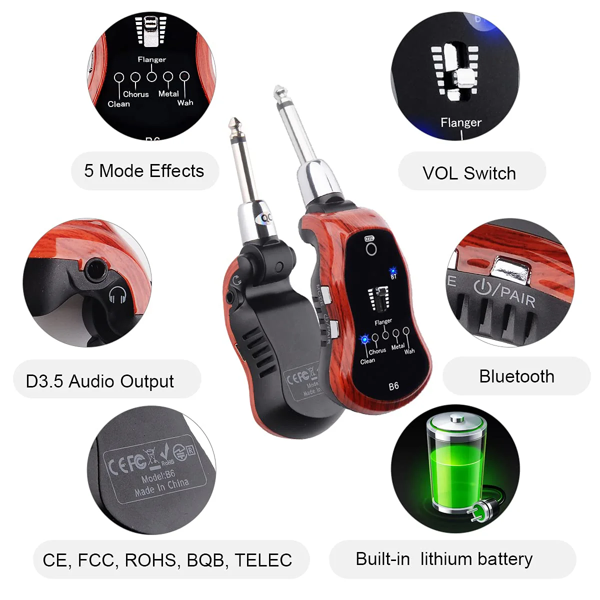 B6 Guitar Headphone Amp Mini Plug Guitar Amplifier Bluetooth Receiver Rechargeable For Electric Travel Pocket Guitar With Reverb/Chorus/Flanger/Overdrive/Wow Wah 5 Effects (Mahogany Color) Mahogany Color; Guitar Bass Headphone Amp - Image 5