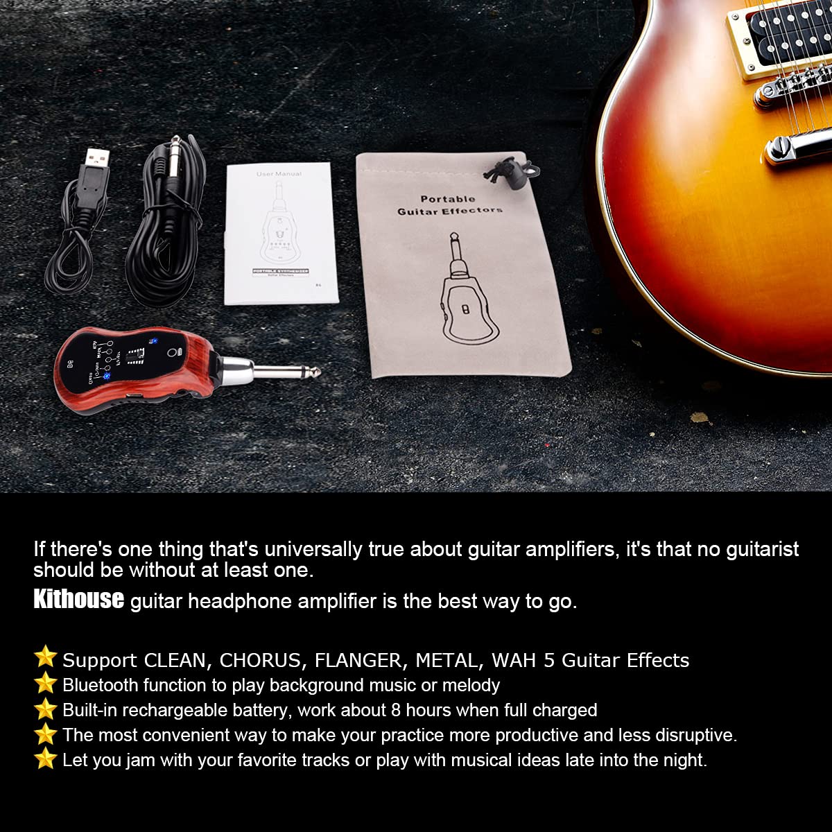 B6 Guitar Headphone Amp Mini Plug Guitar Amplifier Bluetooth Receiver Rechargeable For Electric Travel Pocket Guitar With Reverb/Chorus/Flanger/Overdrive/Wow Wah 5 Effects (Mahogany Color) Mahogany Color; Guitar Bass Headphone Amp - Image 7