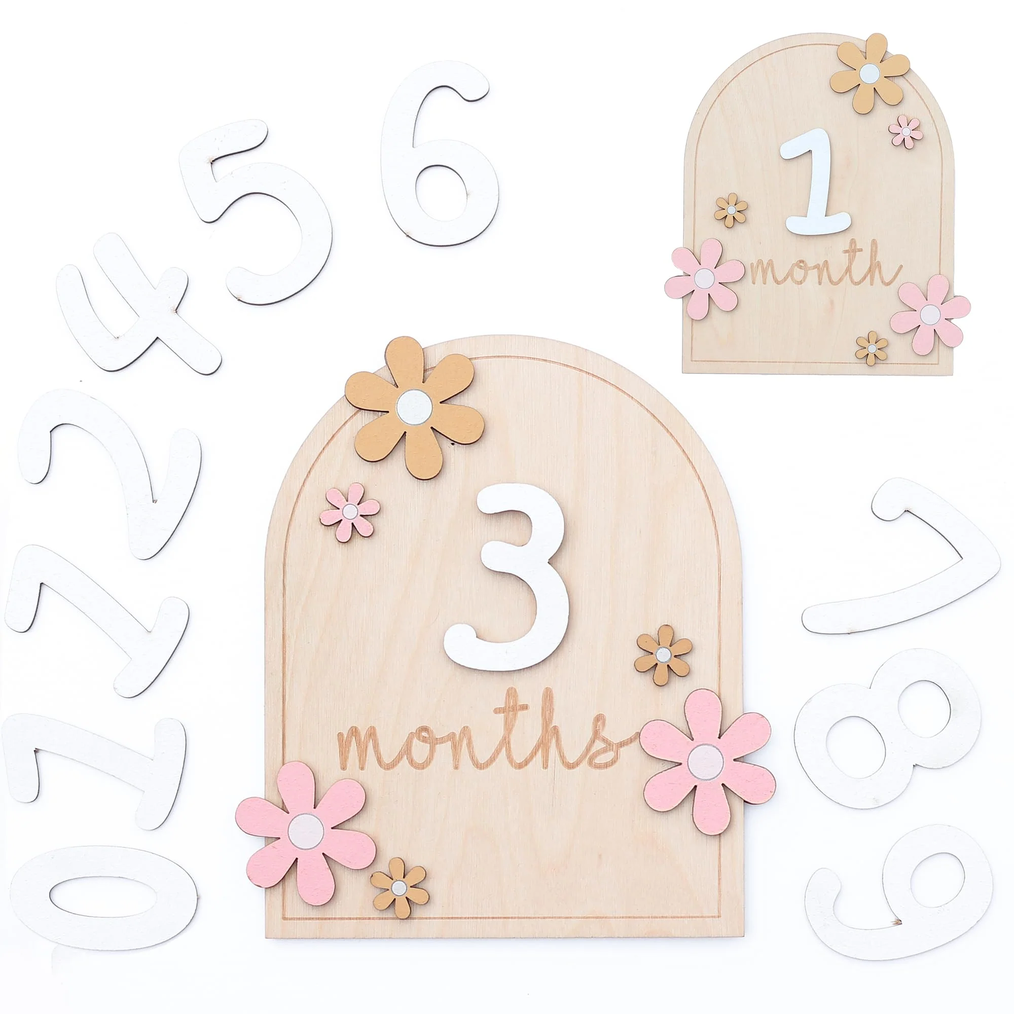 Baby Monthly Milestone Cards - Wooden Monthly Milestone Discs - Newborn Photography Props to Document Your Baby´s Growth - Baby Announcement Sign (AA Flower) AA Flower