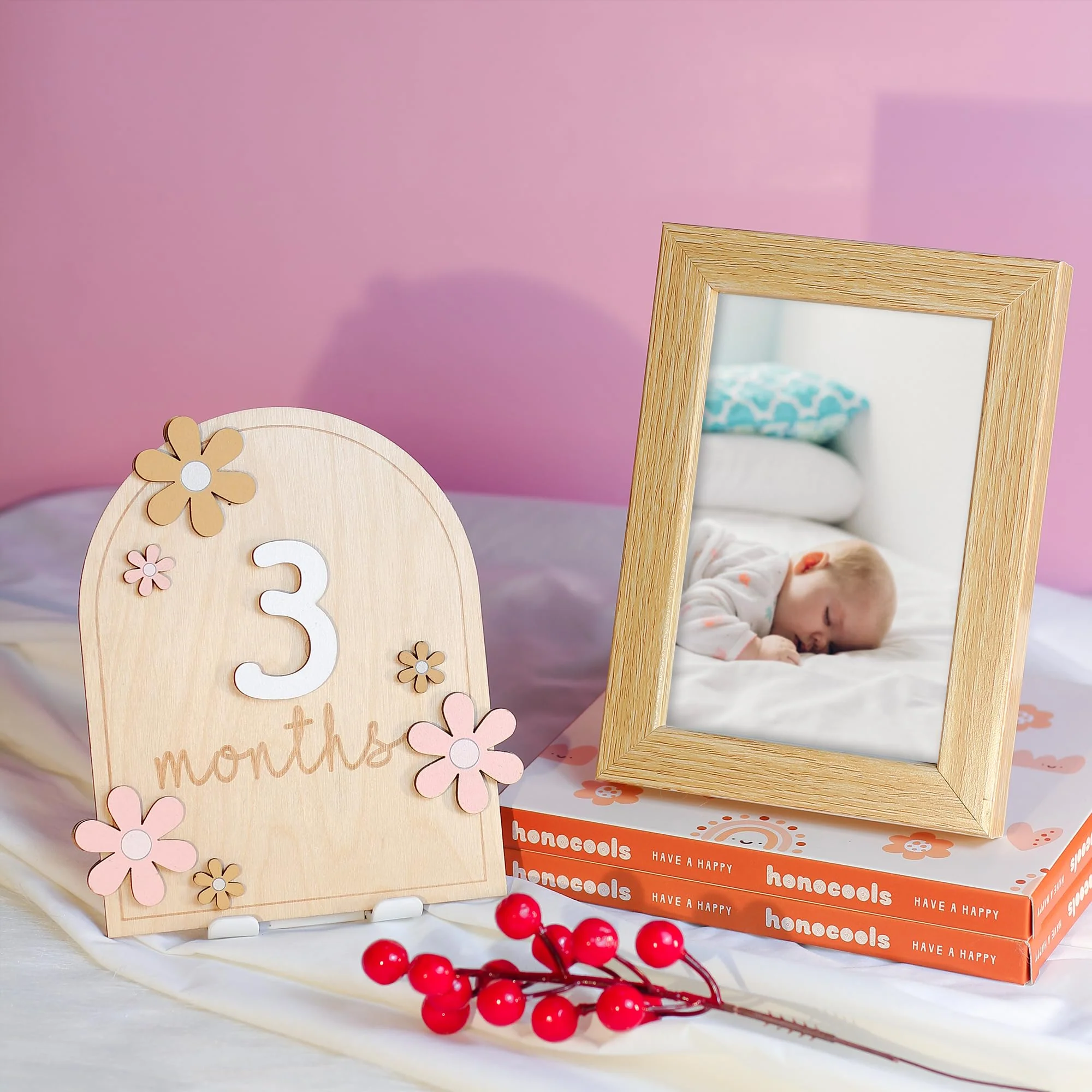 Baby Monthly Milestone Cards - Wooden Monthly Milestone Discs - Newborn Photography Props to Document Your Baby´s Growth - Baby Announcement Sign (AA Flower) AA Flower - Image 2