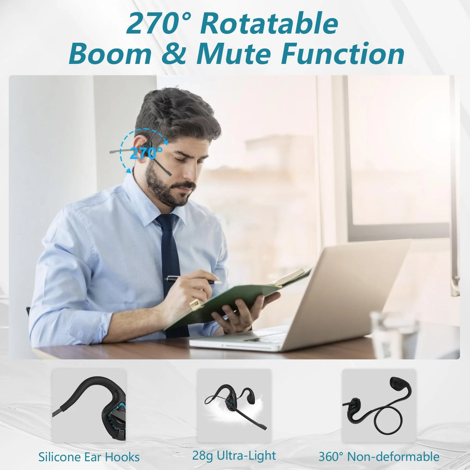 BANIGIPA Bluetooth Headset with Boom Microphone, Open Ear Headphones w/Noise Canceling Mic, Wireless Headset for Phone Laptop PC Computer, Light and Comfortable for Office Meeting Home Working-10 Hrs A-G2 Cyan - Image 4