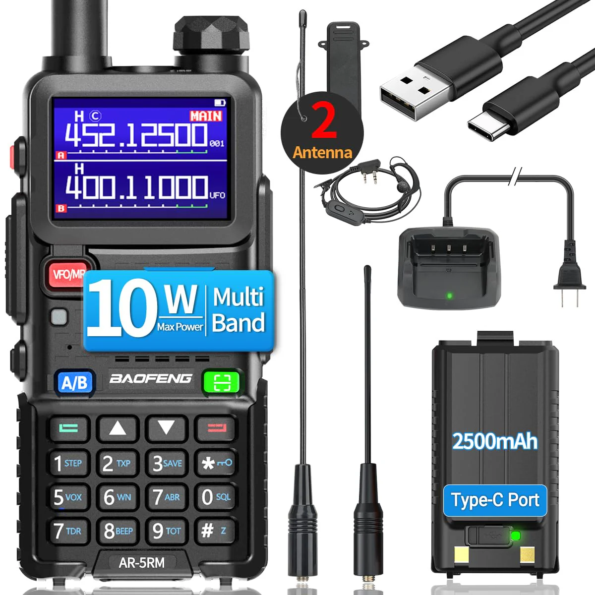 BAOFENG 5RM Ham Radio 10W High Power Long Range Handheld AR-5RM Two Way Radio NOAA Weather Receiver Rechargeable Walkie Talkies Copy Frequency NOAA 999CH with USB Charging 771 Antenna