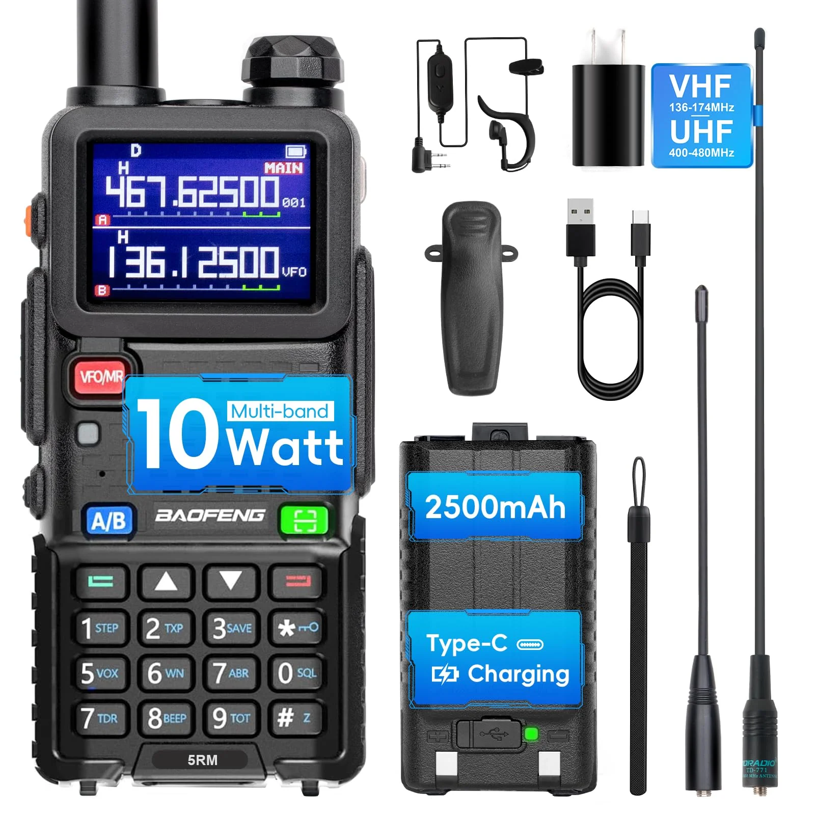 BAOFENG 5RM Ham Radio 10W High Power(Upgrade of UV-5R),8 bands Long Range Two Way Radio Handheld,NOAA, Frequency Copy,999CH,USB C Charging 2500mAh Battery,6.1" &15.12" 771 Long Antenna-1 Pack Full Kit