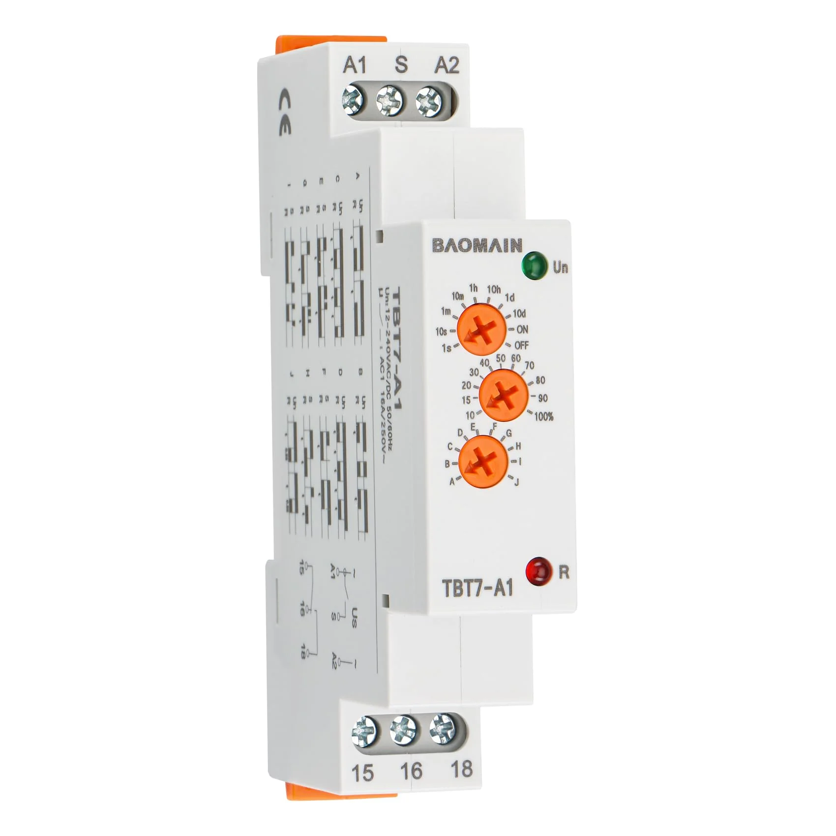 Baomain Multi-Function Time Relay, 16A SPDT 10-Functions, DIN Rail Mounting Timer Relay TBT7-A1 (1-SPDT, 12-240VAC/DC)