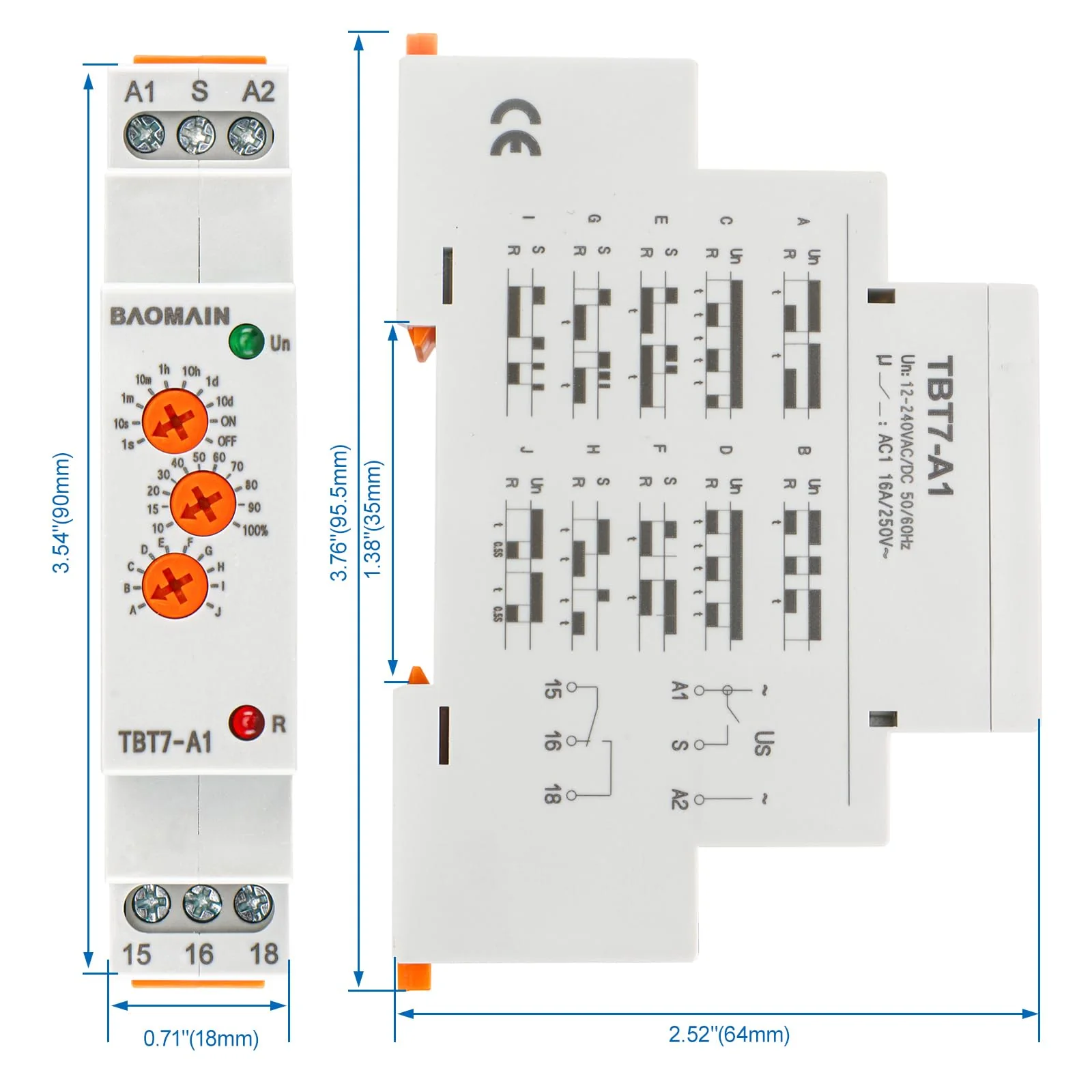 Baomain Multi-Function Time Relay, 16A SPDT 10-Functions, DIN Rail Mounting Timer Relay TBT7-A1 (1-SPDT, 12-240VAC/DC) - Image 6