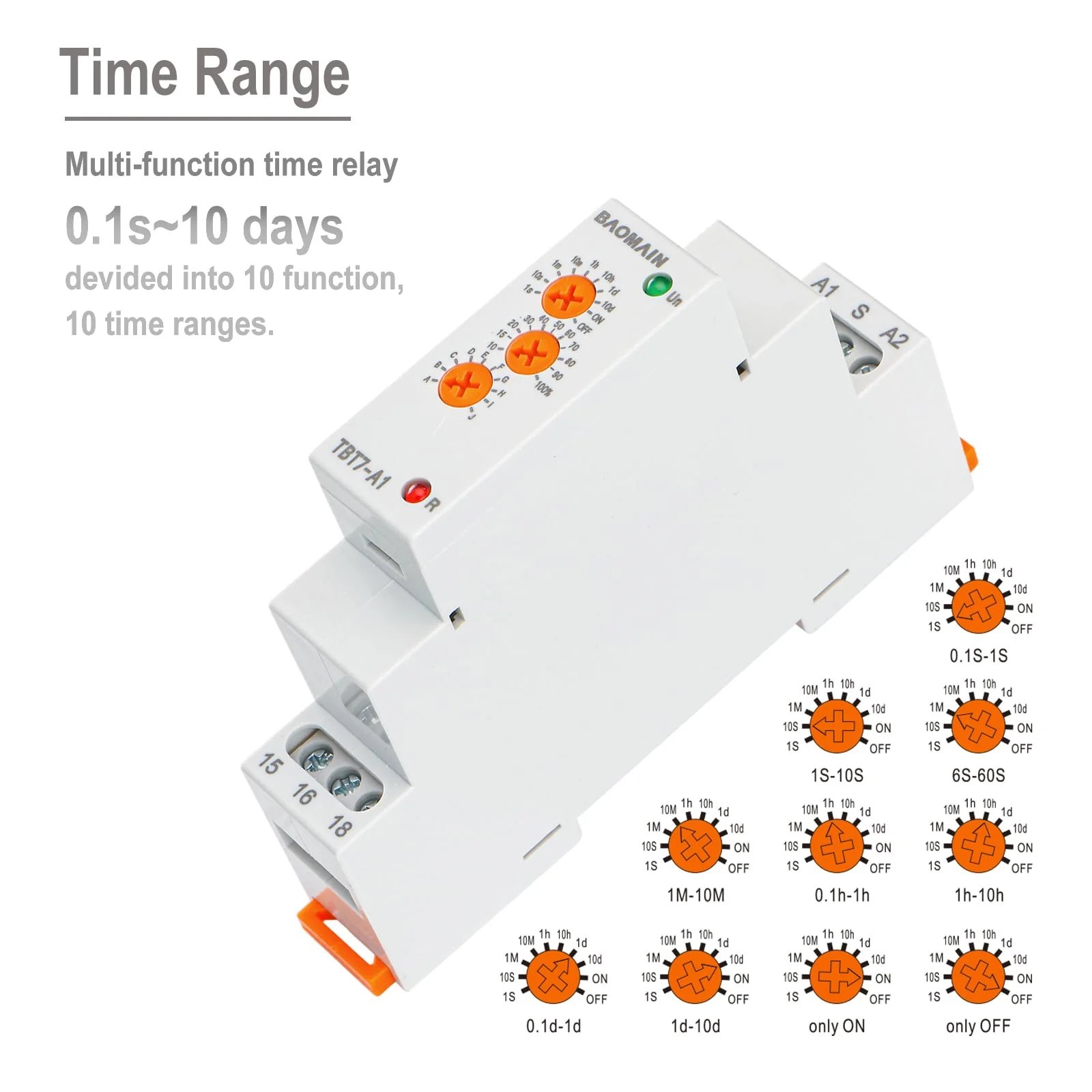Baomain Multi-Function Time Relay, 16A SPDT 10-Functions, DIN Rail Mounting Timer Relay TBT7-A1 (1-SPDT, 12-240VAC/DC) - Image 8