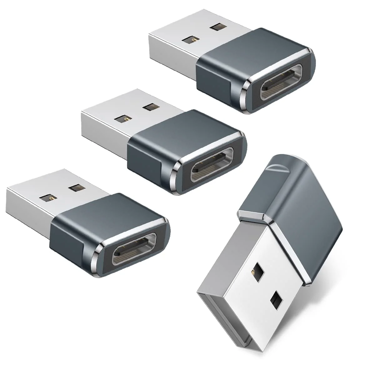 Basesailor iPhone 16 15 Pro Max Car Charger Adapter 4Pack,USB to USBC Adapter Type C Female to A Male Converter for Airpods 4,Apple Watch 10/iWatch,iPhone 14 13 Plus,iPad Mini 7,Samsung Galaxy S24 A54 Gray