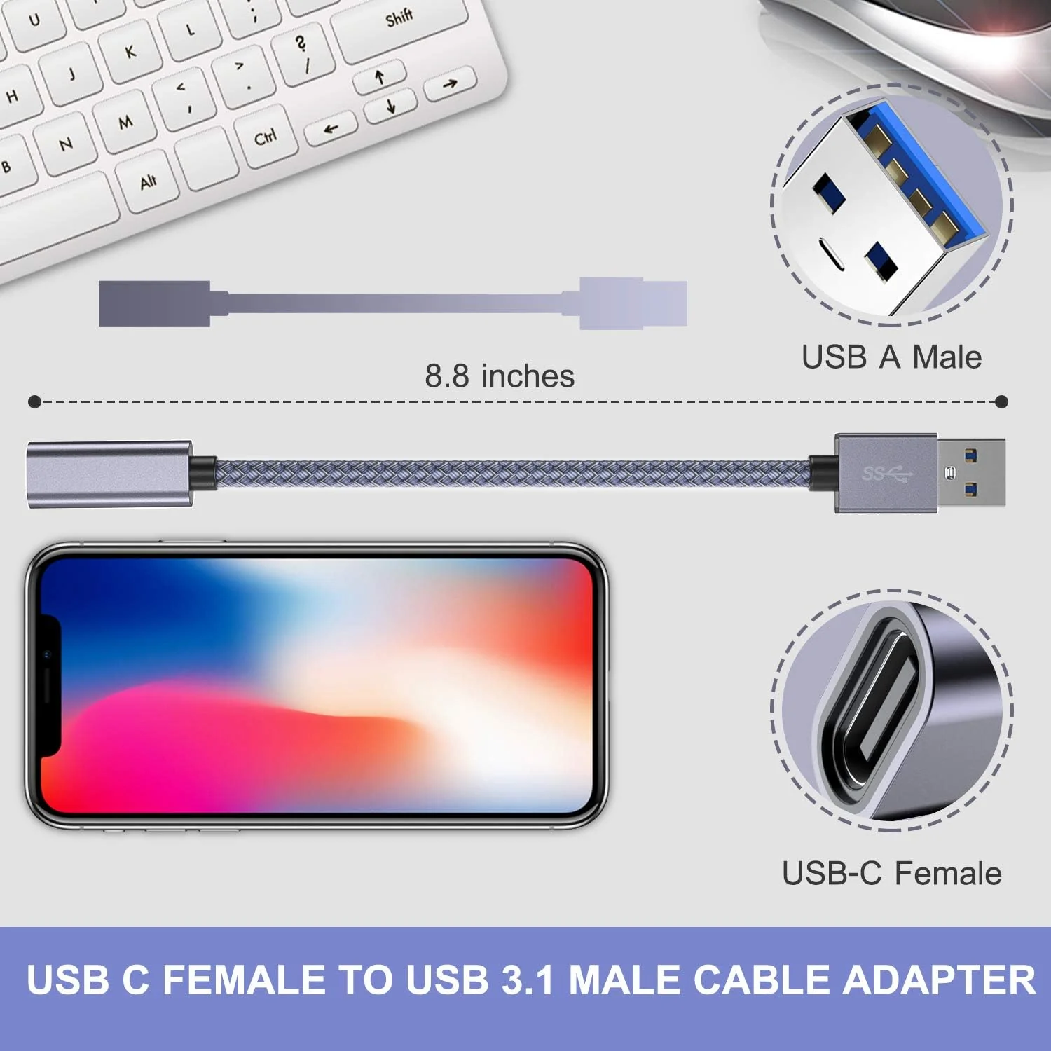 Basesailor USB C Female to USB 3.0 Male Adapter 0.75FT 2Pack,USB 3 to USBC Adapter,iPhone 16 15 Pro Max Charger,5Gbps Type C Cable Converter for iPhone 14 Plus,iPad Mini,Samsung Galaxy S24,Z Fold Flip Gray - Image 5