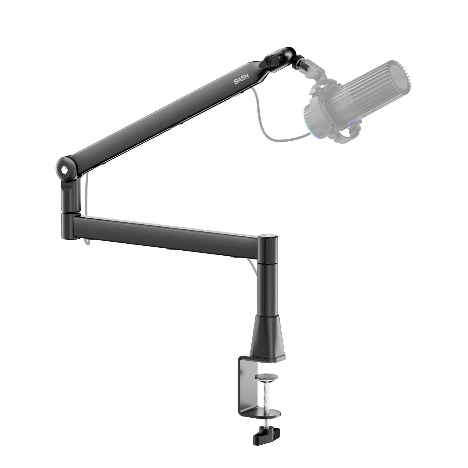 BASN Low Profile Mic Arm, Microphone Boom Arm Stand with Desk Clamp - Rotatable & Storable Design, Cable Management Channel, 3/8" to 5/8" Thread Adapter for Podcast, Gaming, Streaming, Vocal Recording