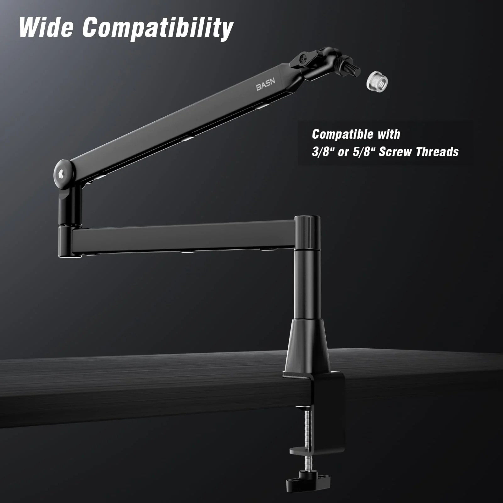 BASN Low Profile Mic Arm, Microphone Boom Arm Stand with Desk Clamp - Rotatable & Storable Design, Cable Management Channel, 3/8" to 5/8" Thread Adapter for Podcast, Gaming, Streaming, Vocal Recording - Image 5
