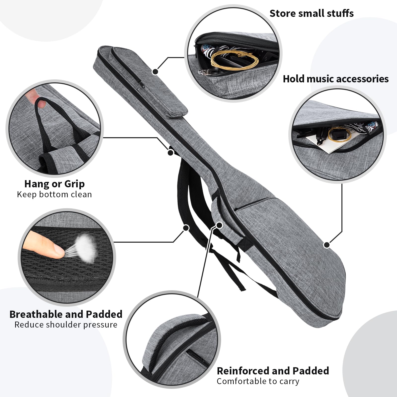 Bass Guitar Bag, Bass Gig Bag 7MM Padding Soft Electric Bass Guitar Case Backpack with Pockets, Grey Grey-1 - Image 5