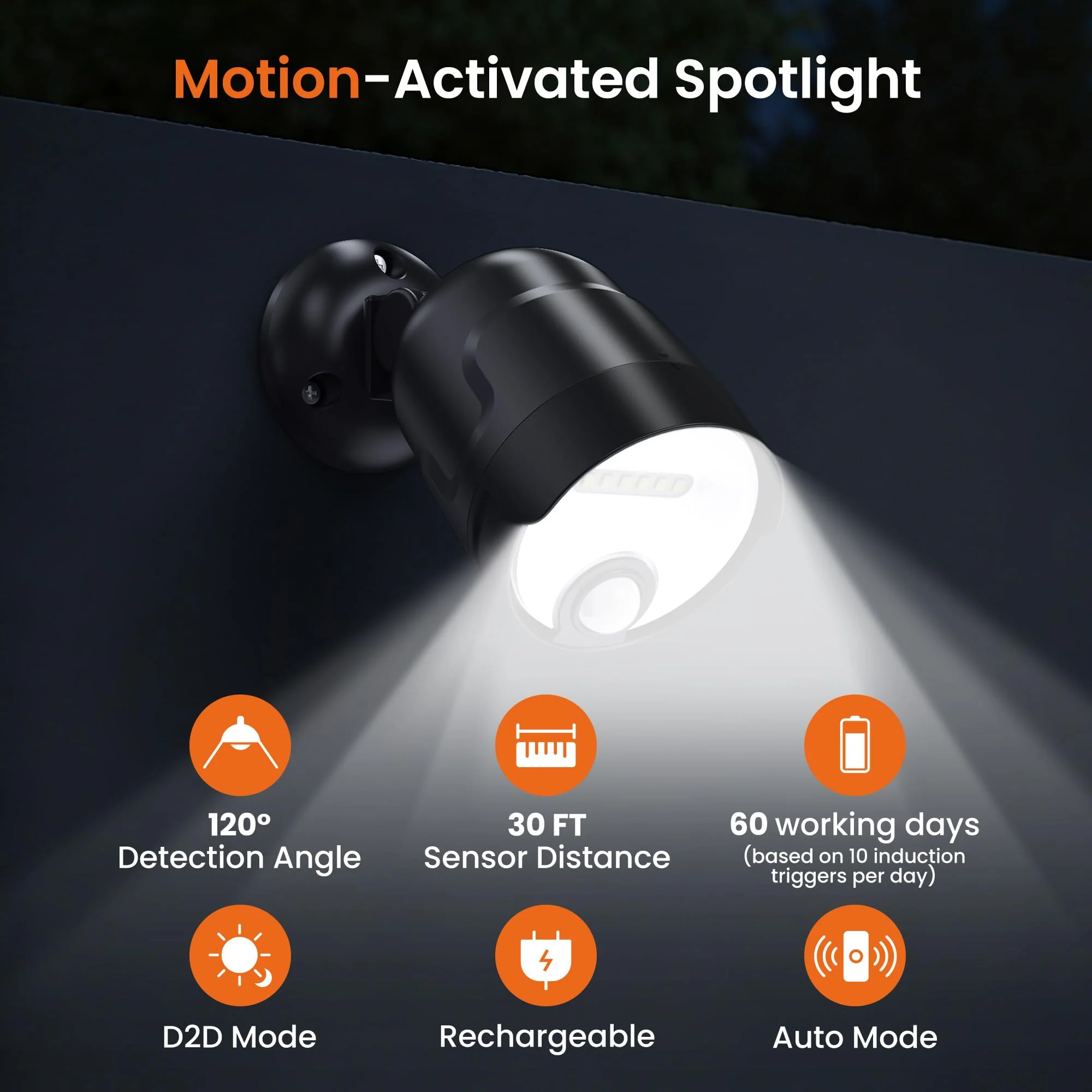 Battery Operated Motion Sensor Light Outdoor, 4000mAh Rechargeable 600 Lumen Battery Powered Spotlight Outdoor Waterproof for Porch, Garage, House(2 Pack) 2 PACK Black - Image 8