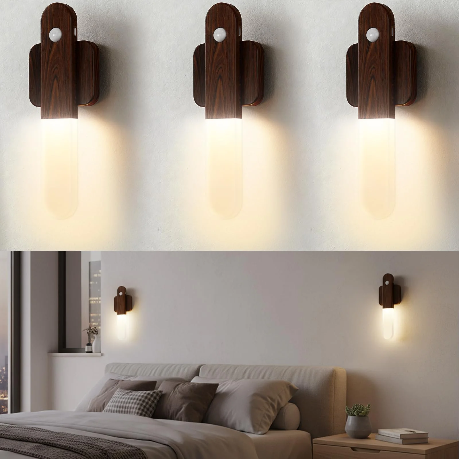 Battery Operated Motion Sensor Wall Sconces Set of 3, Motion Sensor Wall Light Wireless, Magnet Rechargeable LED Lights, Stairs Lights, Decor for Bedroom, Hallway, Living Room, Closet (Walnut Wood) Walnut Wood-3pcs（NEW）
