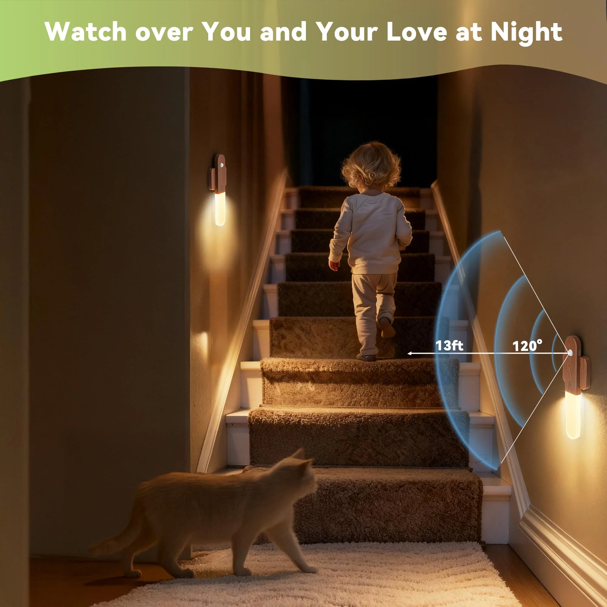 Battery Operated Motion Sensor Wall Sconces Set of 3, Motion Sensor Wall Light Wireless, Magnet Rechargeable LED Lights, Stairs Lights, Decor for Bedroom, Hallway, Living Room, Closet (Walnut Wood) Walnut Wood-3pcs（NEW） - Image 4