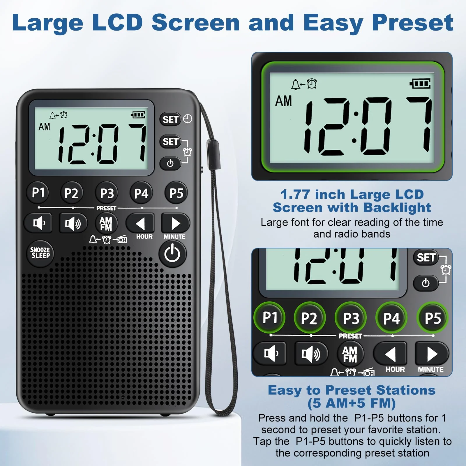 Battery Operated Portable Pocket AM/FM Radio | Digital Tuning, Loud Speaker, Excellent Reception | Portable Emergency & Outdoor Radio with LCD Screen, Alarm Clock, Preset, Sleep Timer, Snooze - Image 3