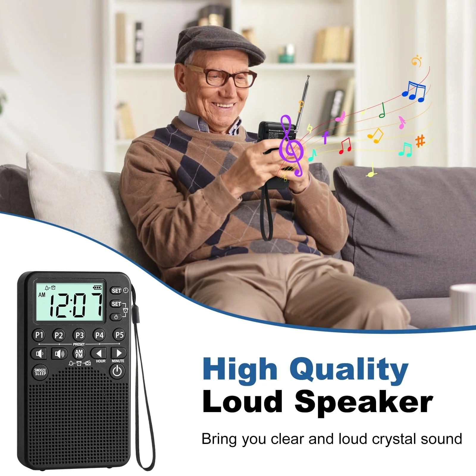 Battery Operated Portable Pocket AM/FM Radio | Digital Tuning, Loud Speaker, Excellent Reception | Portable Emergency & Outdoor Radio with LCD Screen, Alarm Clock, Preset, Sleep Timer, Snooze - Image 5