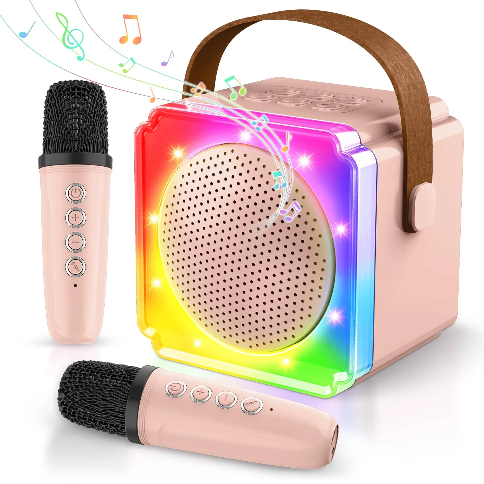 BAYSING Karaoke Machine for Kids, Portable Bluetooth Speaker with 2 Wireless Microphones, Mini Karaoke Machine with LED Light, Ideal Christmas, Birthday Toys Gift for 4, 5, 6, 7, 8, 9 Years Girl, Boy Pink