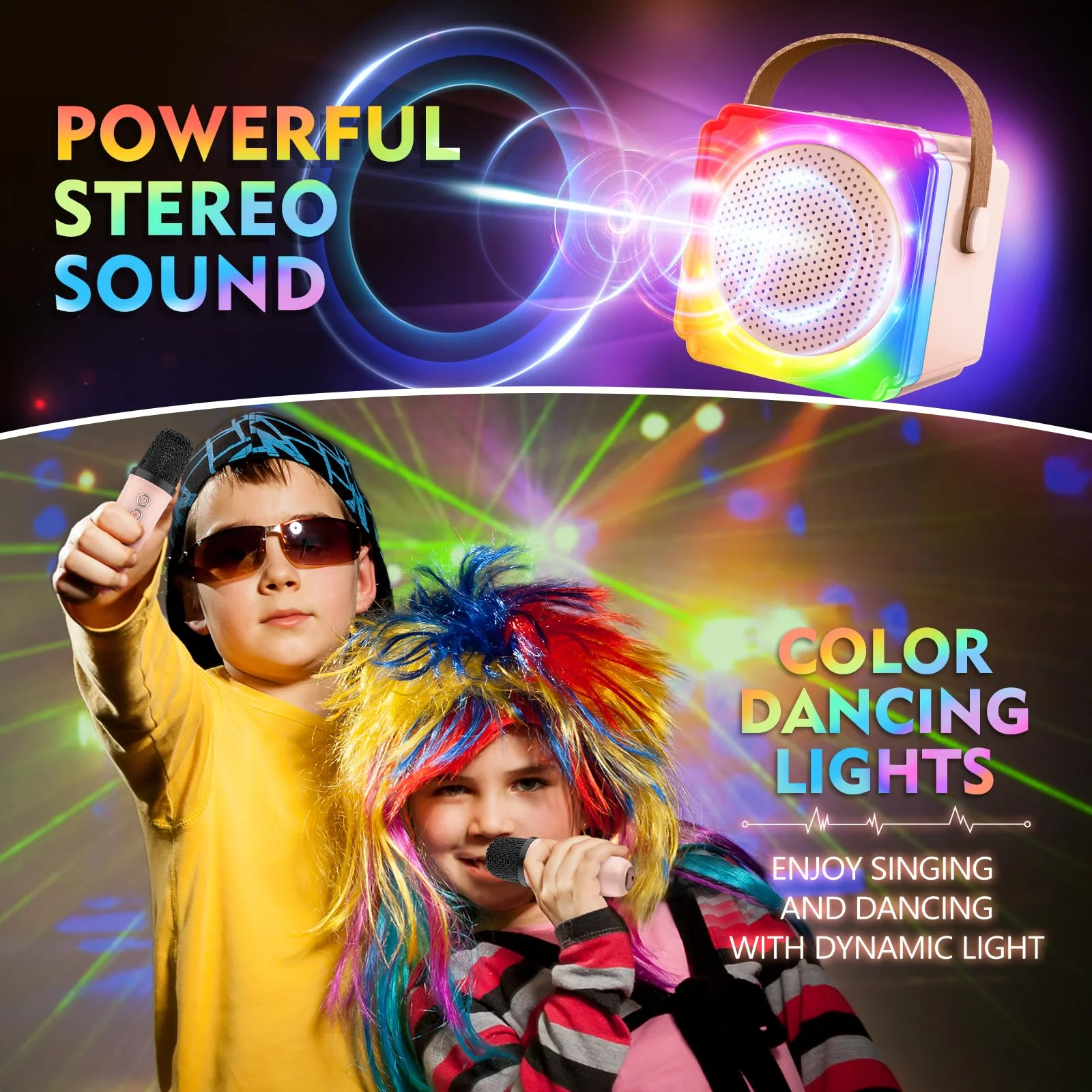 BAYSING Karaoke Machine for Kids, Portable Bluetooth Speaker with 2 Wireless Microphones, Mini Karaoke Machine with LED Light, Ideal Christmas, Birthday Toys Gift for 4, 5, 6, 7, 8, 9 Years Girl, Boy Pink - Image 4