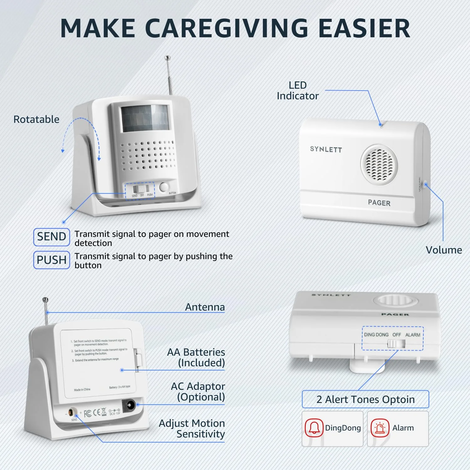 Bed Alarm Caregiver Pager with 2 Wireless Motion Sensors Alarm Indoor Fall Prevention for Elderly Monitoring Seniors Dementia Patients Seniors Home Door Chime 2 Motion Sensors 1 Receiver - Image 7