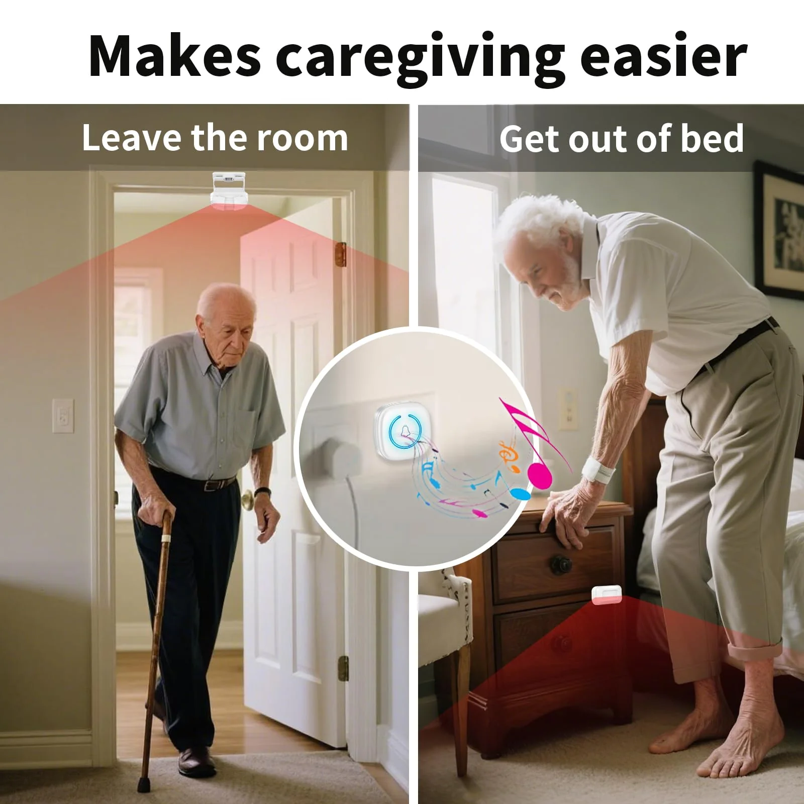 Bed Sensor Alarm and Fall Prevention for Elderly, Motion Sensor Alarm with 60 Melody/LED/5 Adjustable Volume Mode Dementia System , for Patients Seniors Elderly Monitoring at Home 2 Motion Sensors + 1 Receiver - Image 3
