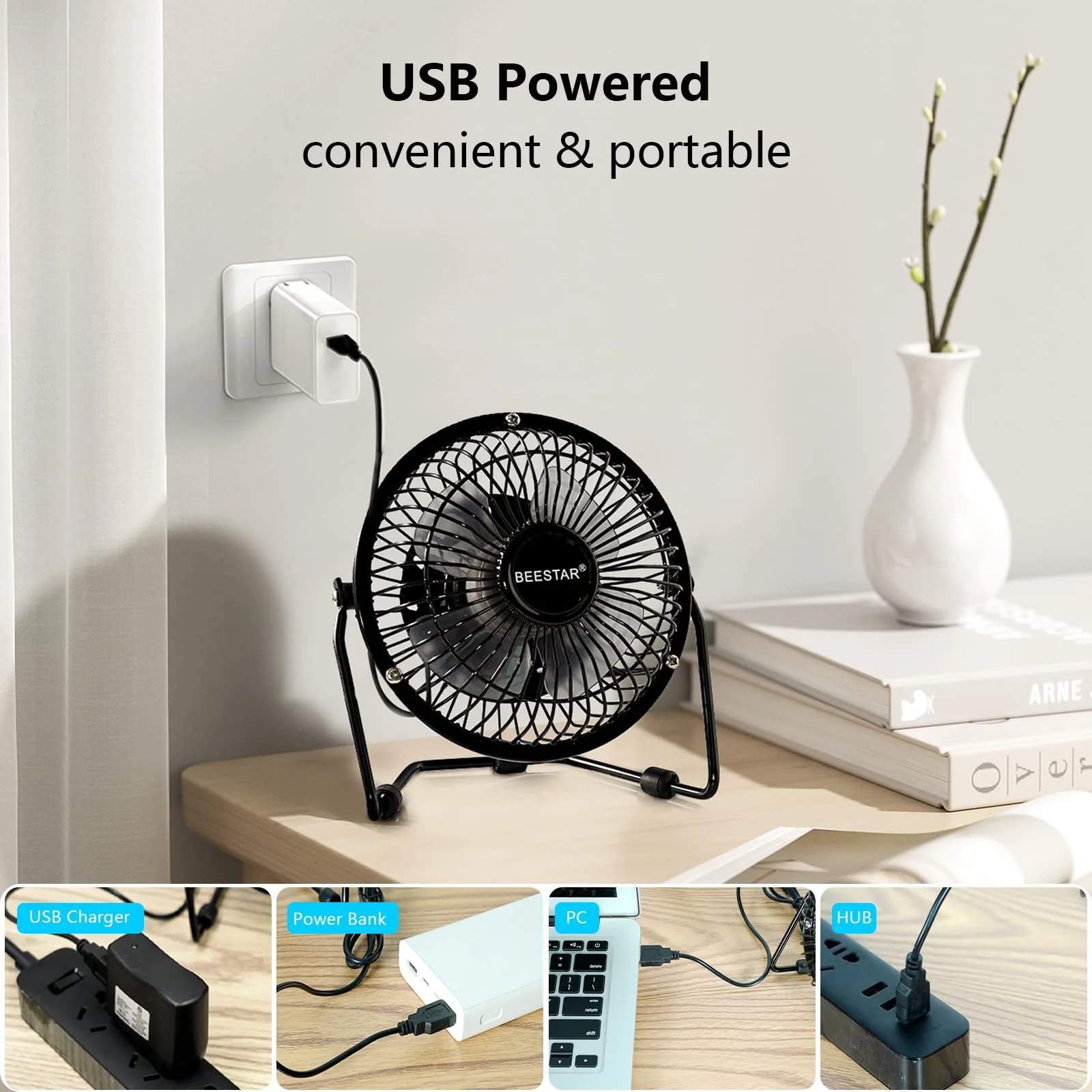 BEESTAR 4 Inch Mini Fan with Metal Construction,Powerful USB Powered,360° Rotation desk Personal Cooling Usb fans small quiet for Home Office Bedroom Black - Image 3