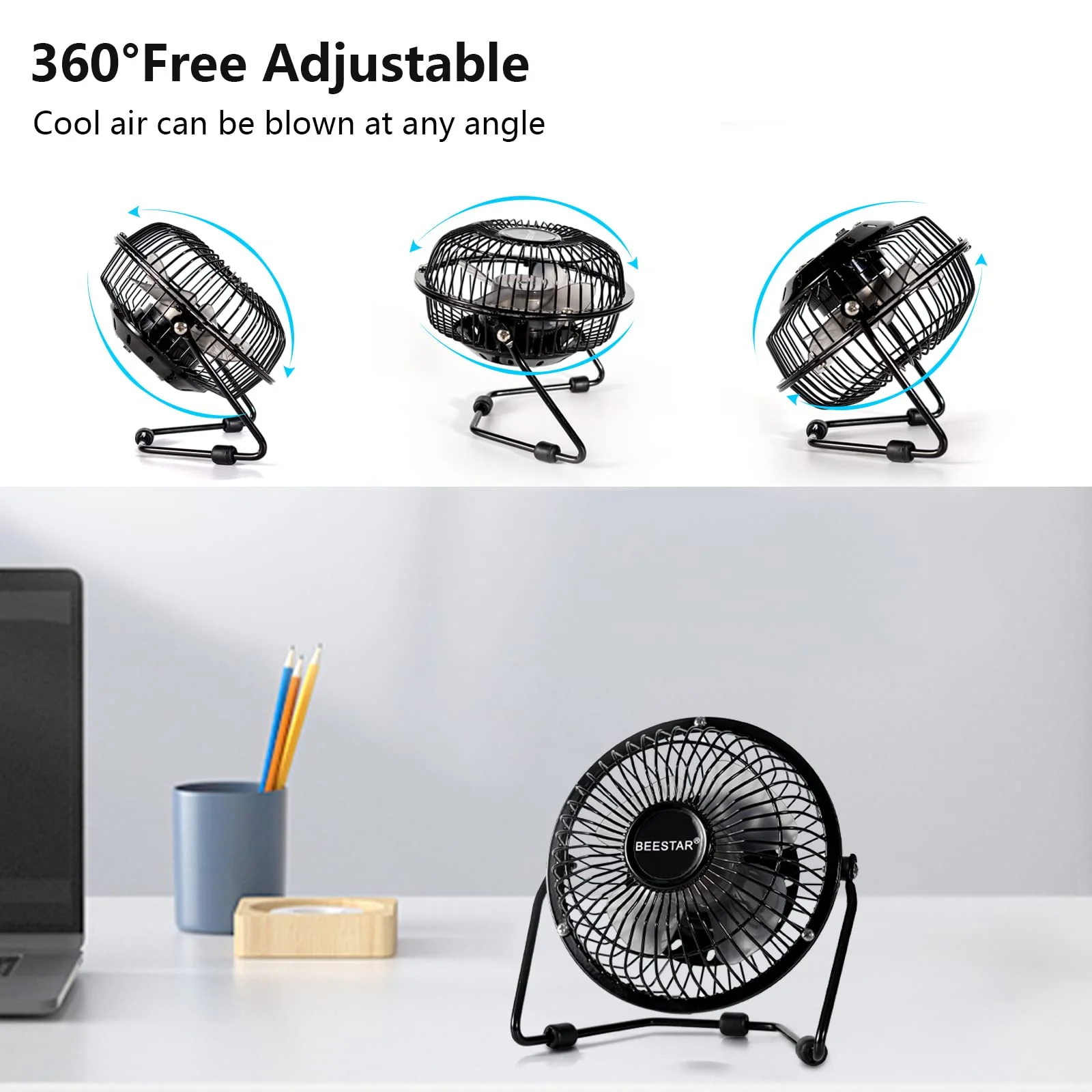 BEESTAR 4 Inch Mini Fan with Metal Construction,Powerful USB Powered,360° Rotation desk Personal Cooling Usb fans small quiet for Home Office Bedroom Black - Image 4