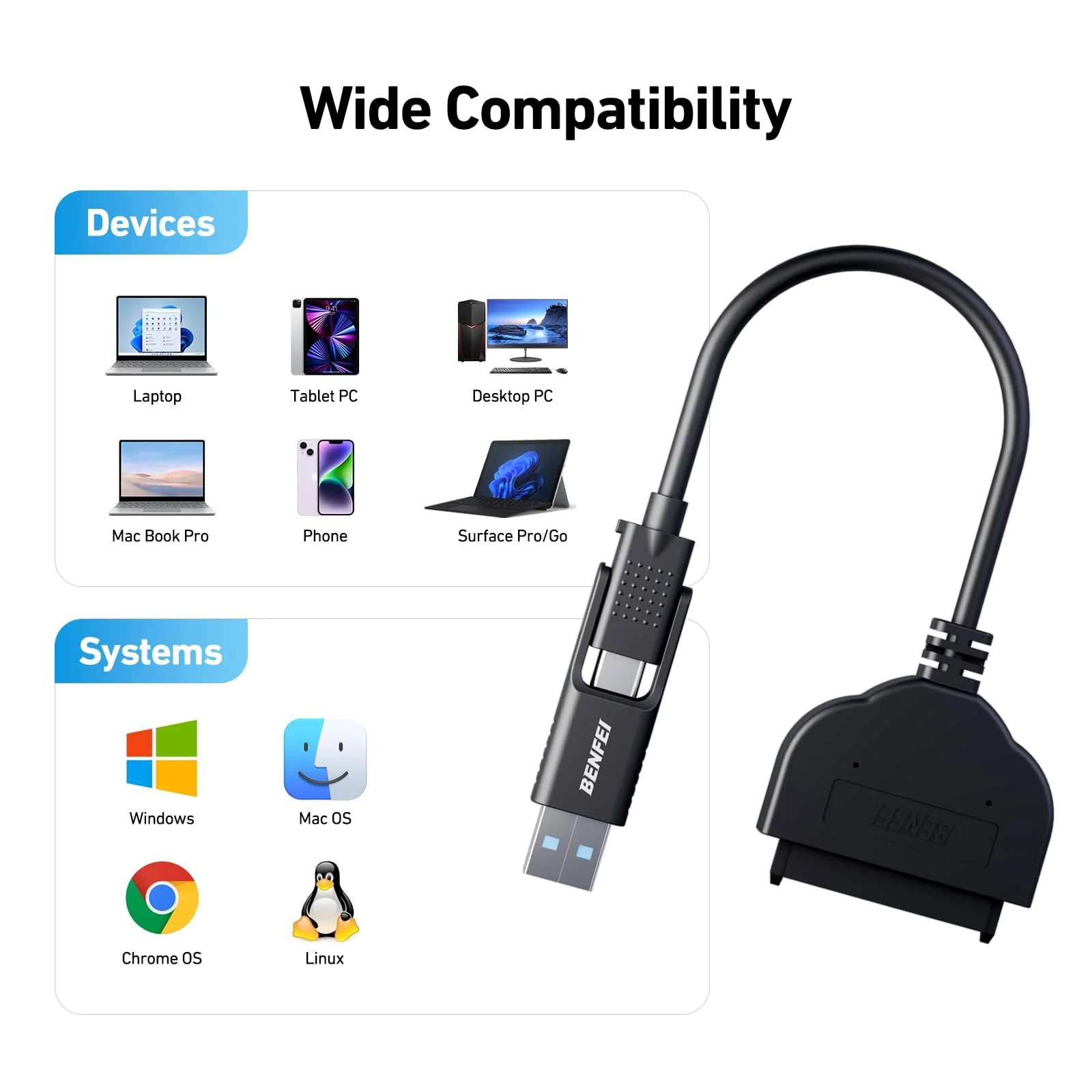 BENFEI SATA to USB Cable, 2in1 USB-C/USB 3.0 to SATA III Hard Driver Adapter Compatible for 2.5 inch HDD and SSD USB to 2.5 SSD HDD - Image 5