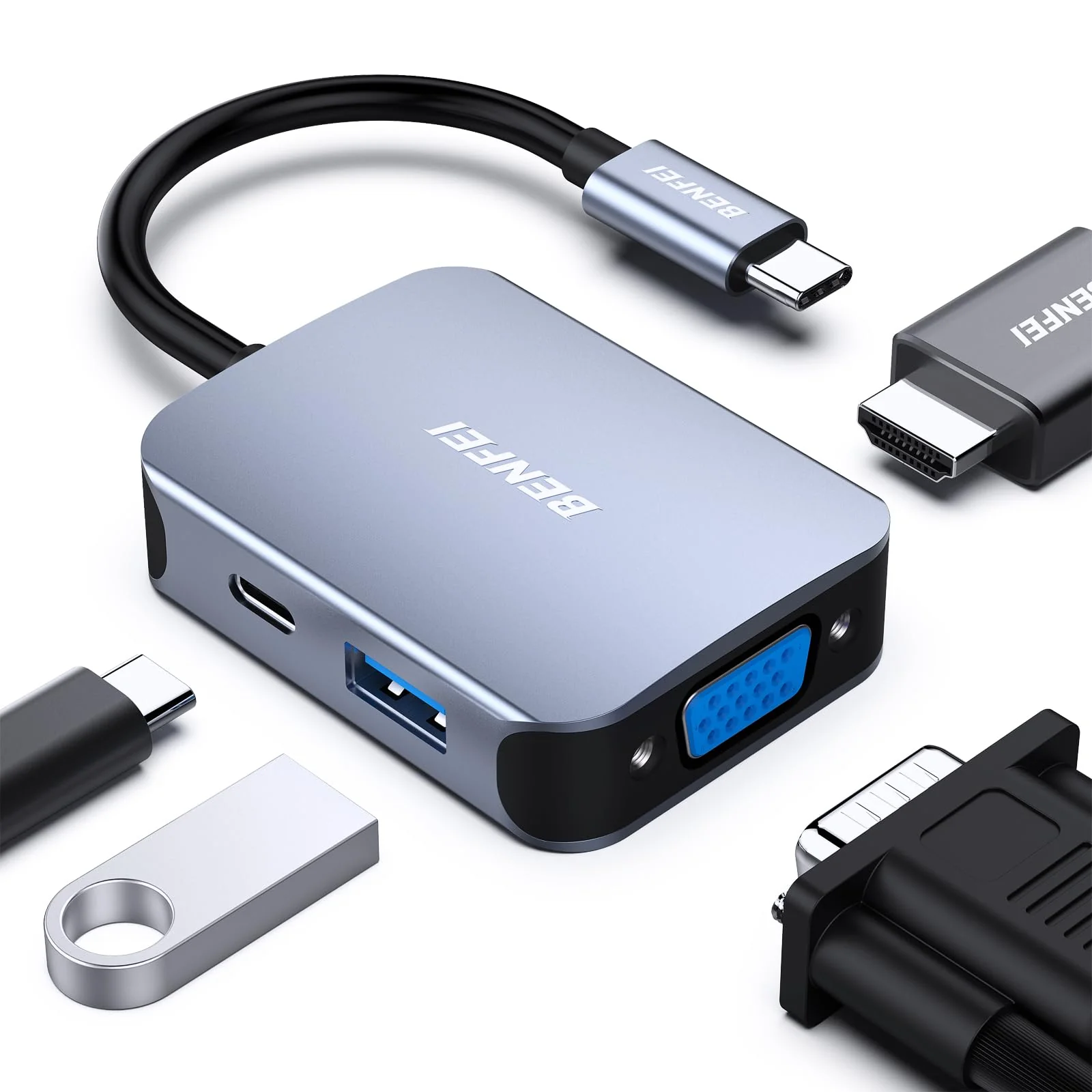 BENFEI USB C HUB 4in1, USB Type-C to HDMI VGA Adapter, USB C to USB Adapter, USB Type-C Power Delivery, Compatible with iPhone 15 Pro/Max, MacBook Pro/Air 2023, iPad Pro, iMac, S23, XPS 17 Grey