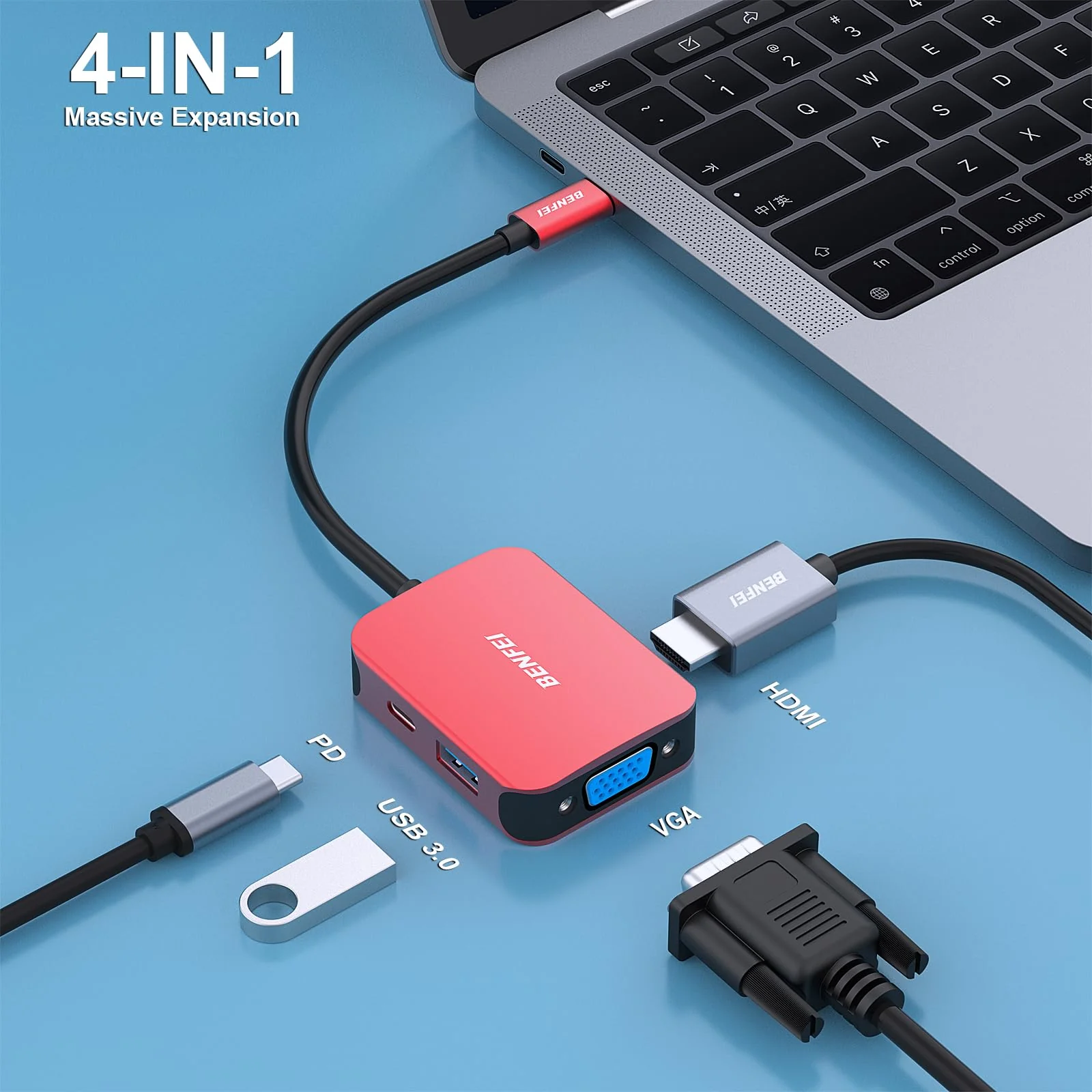 BENFEI USB C HUB 4in1, USB Type-C to HDMI VGA Adapter, USB C to USB Adapter, USB Type-C Power Delivery, Compatible with iPhone 15 Pro/Max, MacBook Pro/Air 2023, iPad Pro, iMac, S23, XPS 17 Red - Image 2