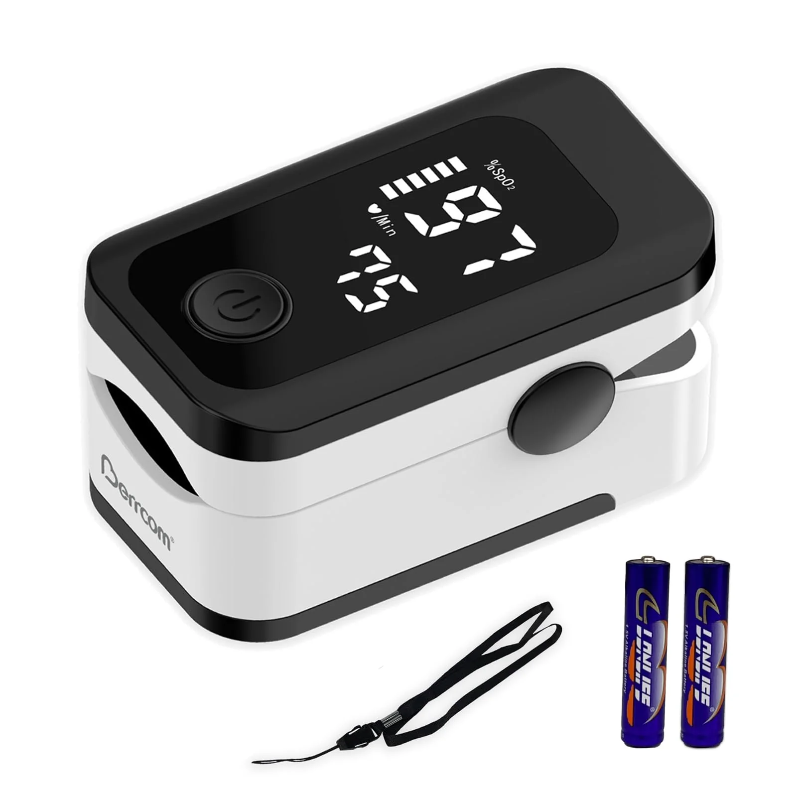 Berrcom Pulse Oximeter Blood Oxygen Saturation Monitor Finger High Accuracy Sats Monitor for Children Adults with Batteries and Lanyard
