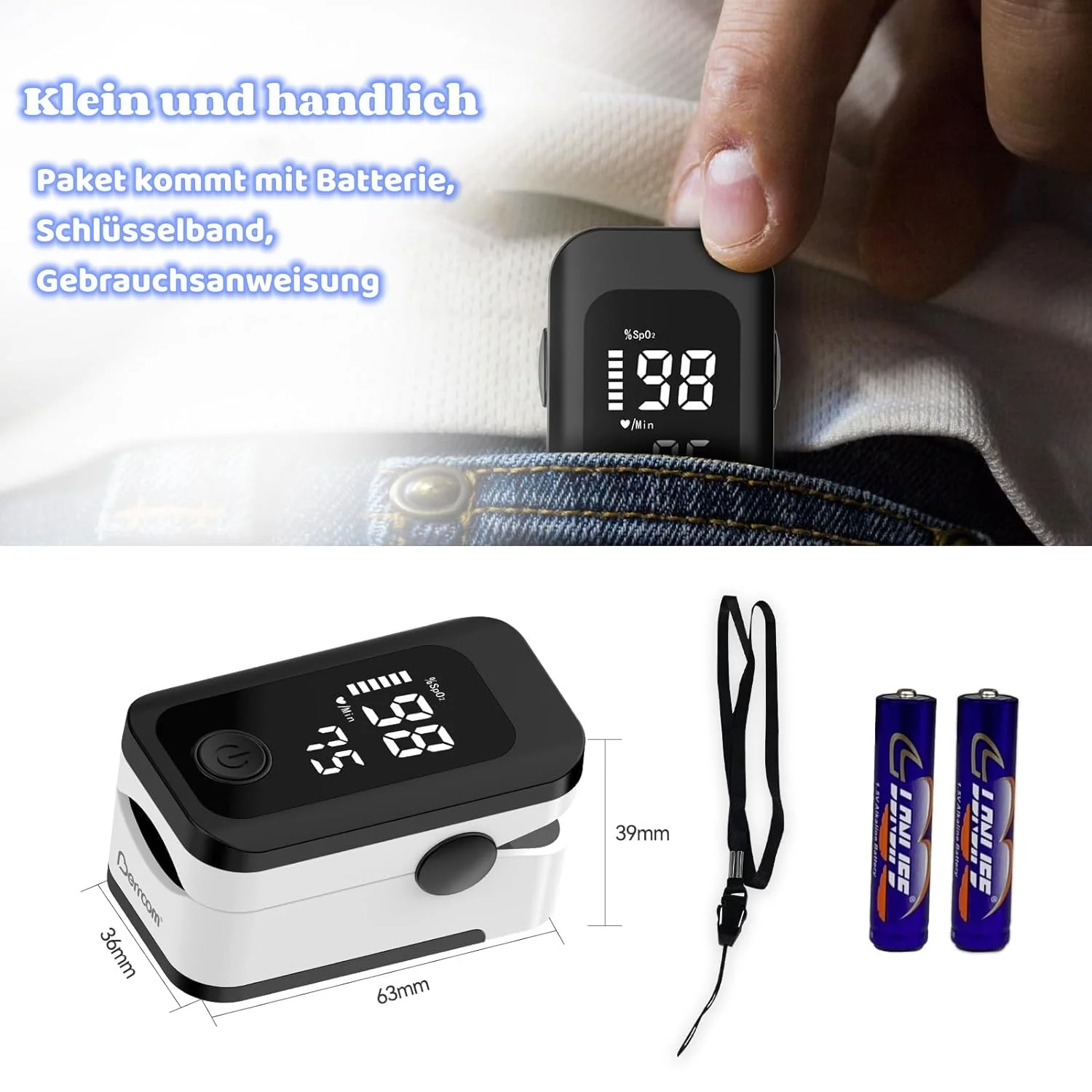 Berrcom Pulse Oximeter Blood Oxygen Saturation Monitor Finger High Accuracy Sats Monitor for Children Adults with Batteries and Lanyard - Image 3