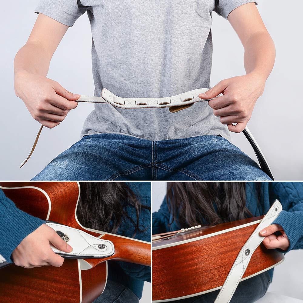 BestSounds Genuine Leather Guitar Strap for Electric & Acoustic Bass Guitar, White Padded Guitar Strap - Image 5