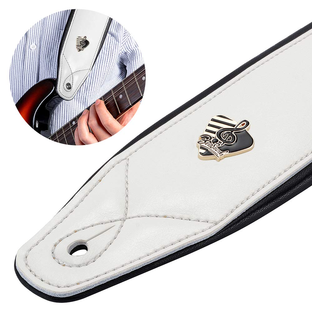 BestSounds Genuine Leather Guitar Strap for Electric & Acoustic Bass Guitar, White Padded Guitar Strap - Image 6