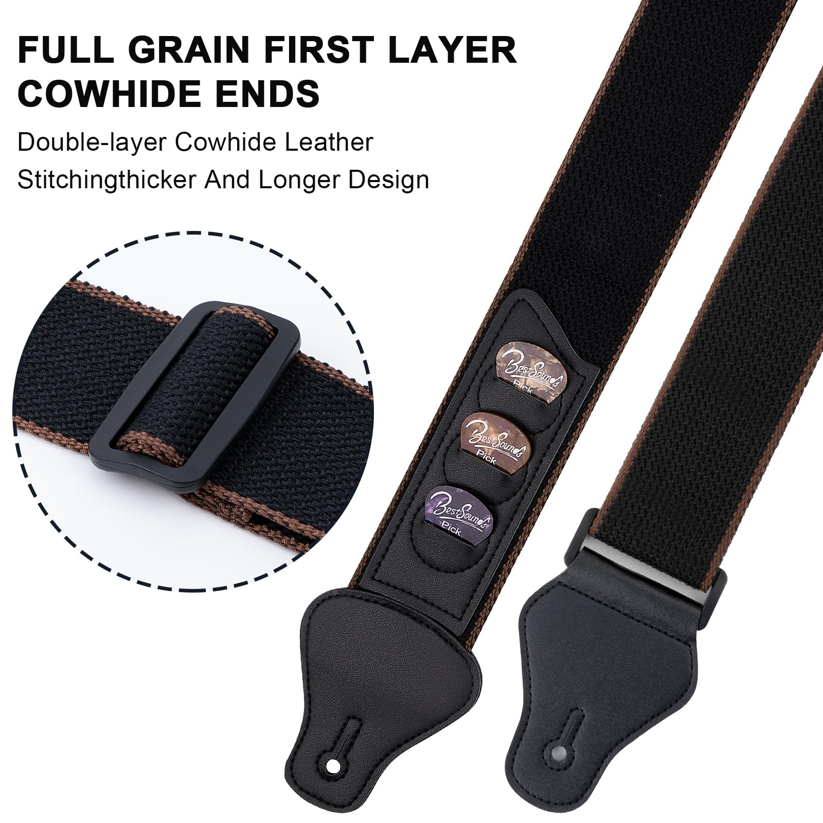BestSounds Guitar Strap - Strap for Acoustic, Electric and Bass Guitars with Leather Head and Pick Holder Pockets Black - Image 3