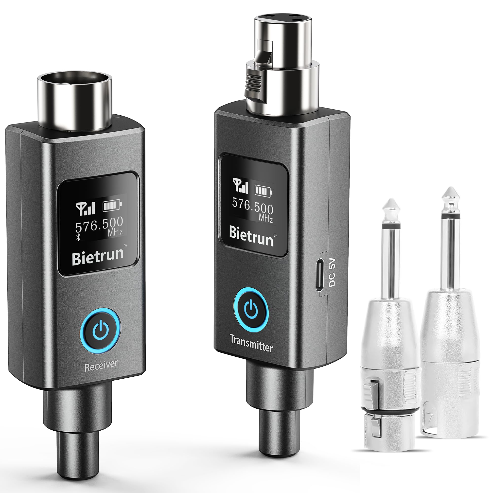 Bietrun Wireless XLR Transmitter Receiver, XLR Wired to Wireless Mic Adapter, UHF 230ft Range, 30 Channels, Receiver with Bluetooth, to 1/4'' Adapter, for Dynamic/Condenser Mics, Audio Interface