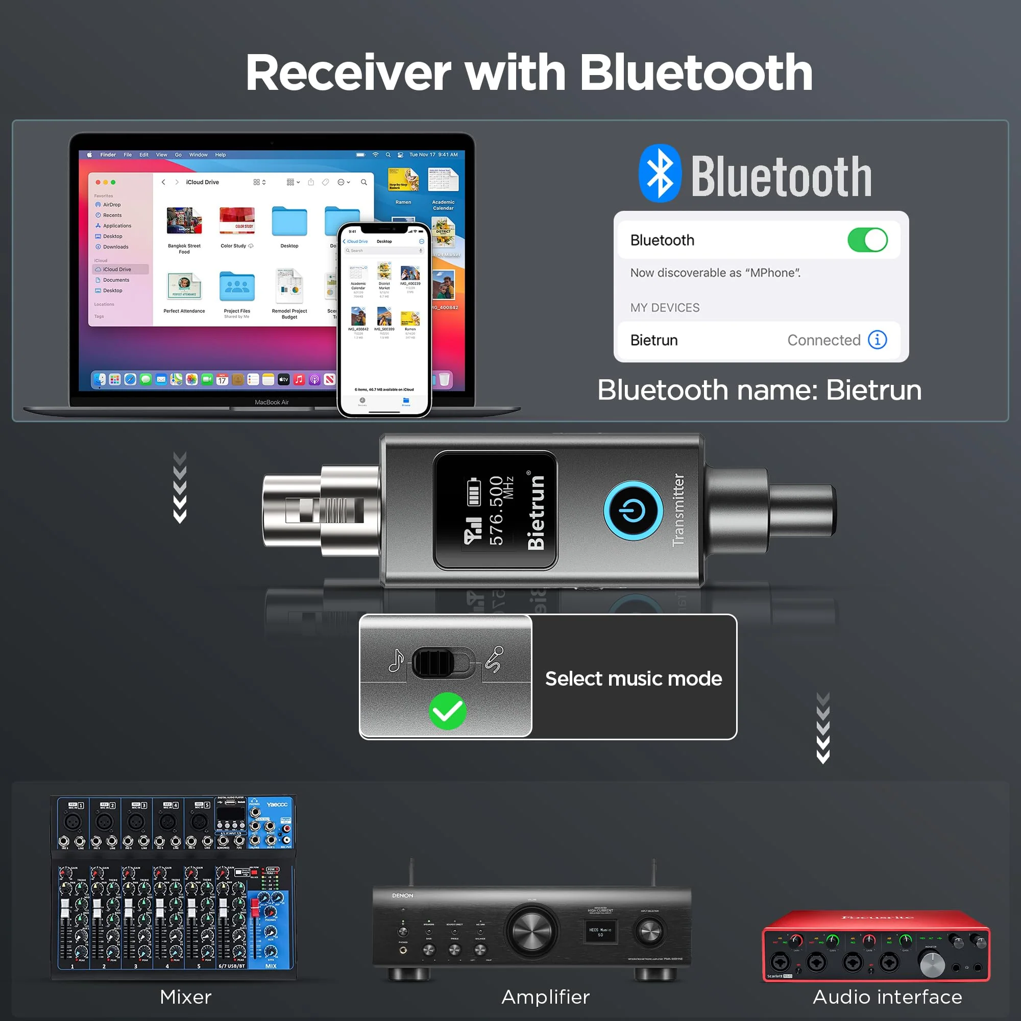 Bietrun Wireless XLR Transmitter Receiver, XLR Wired to Wireless Mic Adapter, UHF 230ft Range, 30 Channels, Receiver with Bluetooth, to 1/4'' Adapter, for Dynamic/Condenser Mics, Audio Interface - Image 5