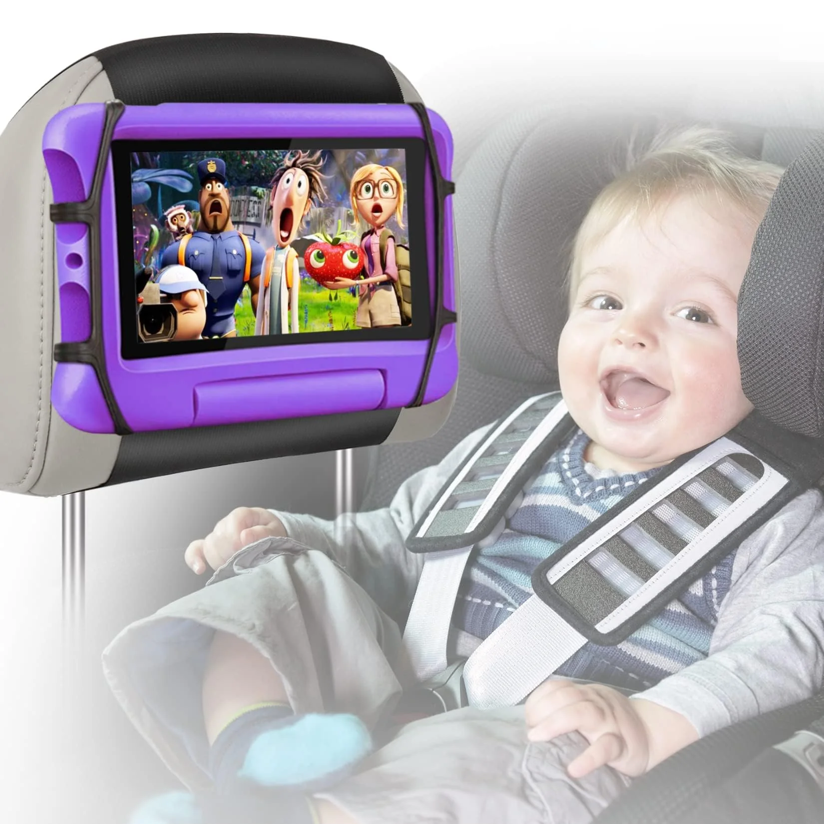 BIGASUO Car Headrest Mount Holder for Kids Tablet Holder for Car Backseat Anti-Slip Strap Holding Net Adjustable Angle Seat Mount Fits All 7 to 12.9 Inch Tablets 1 Pack