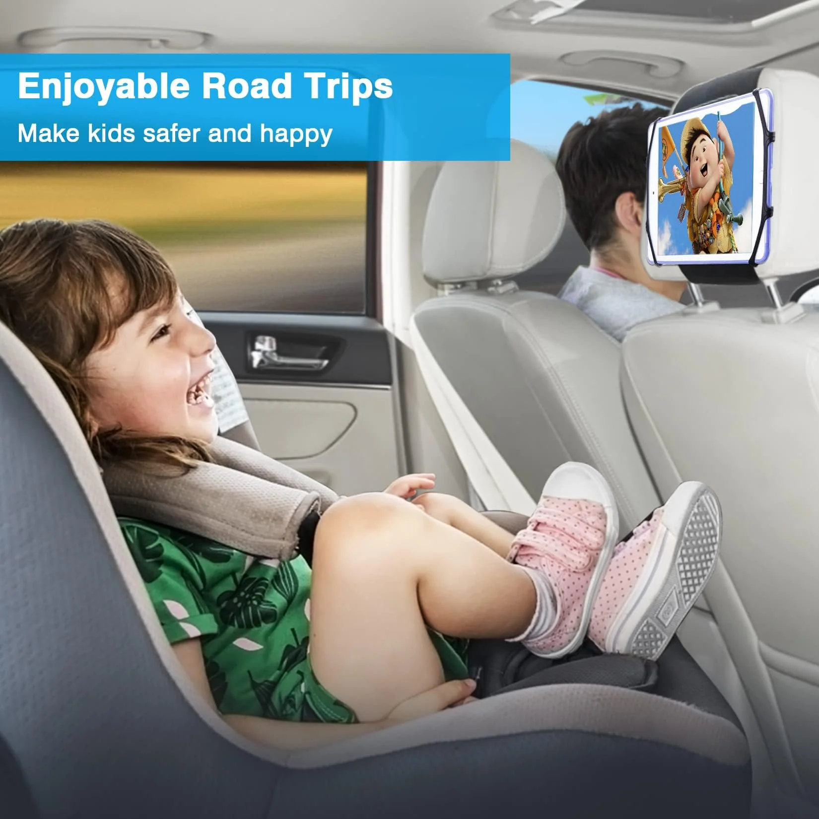 BIGASUO Car Headrest Mount Holder for Kids Tablet Holder for Car Backseat Anti-Slip Strap Holding Net Adjustable Angle Seat Mount Fits All 7 to 12.9 Inch Tablets 1 Pack - Image 3