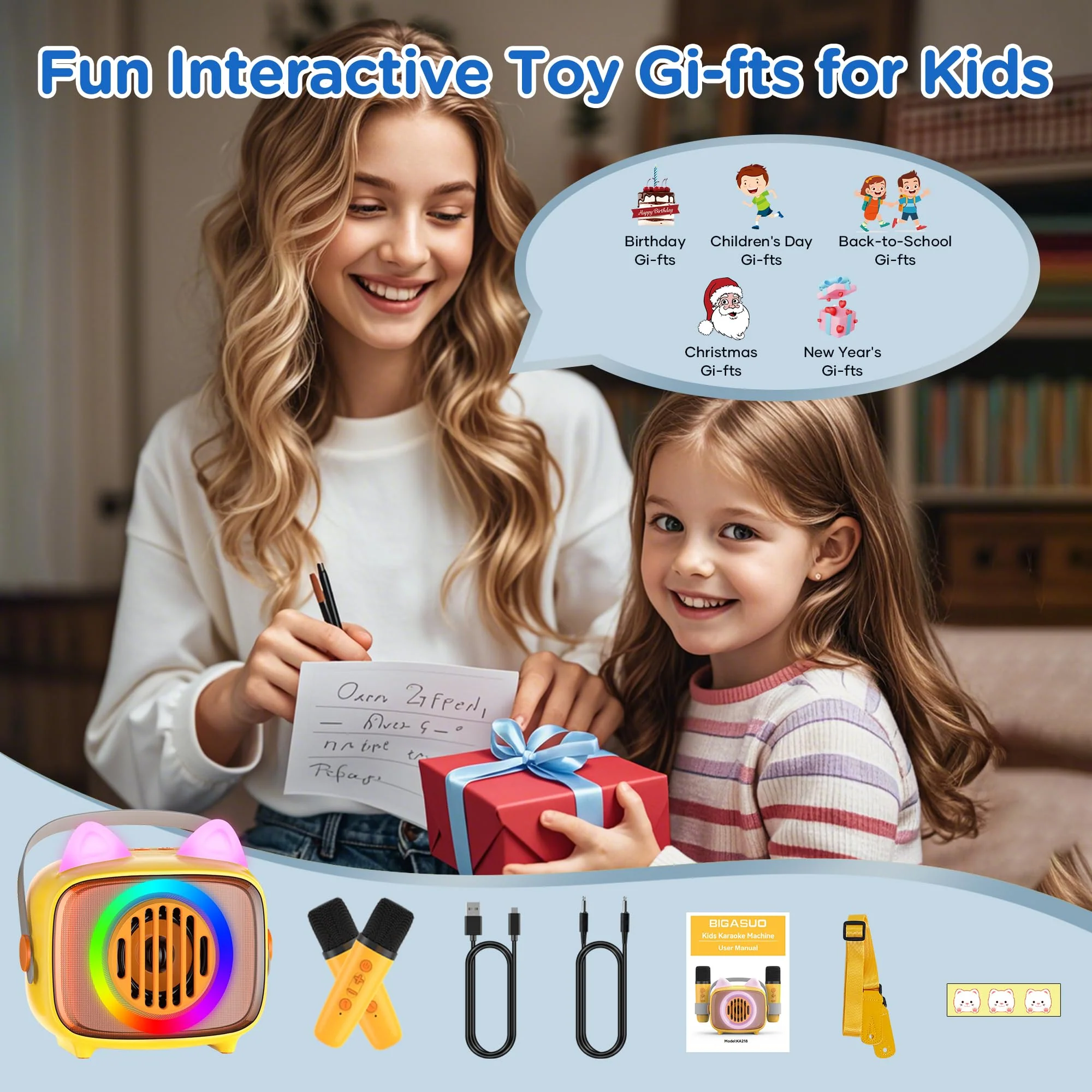 BIGASUO Karaoke Machine for Kids, Mini Portable Bluetooth Speaker with 2 Wireless Microphones and LED Lights, Kids Toys Ideal Gifts for Girls & Boys Birthday Home Party 1 - Image 6