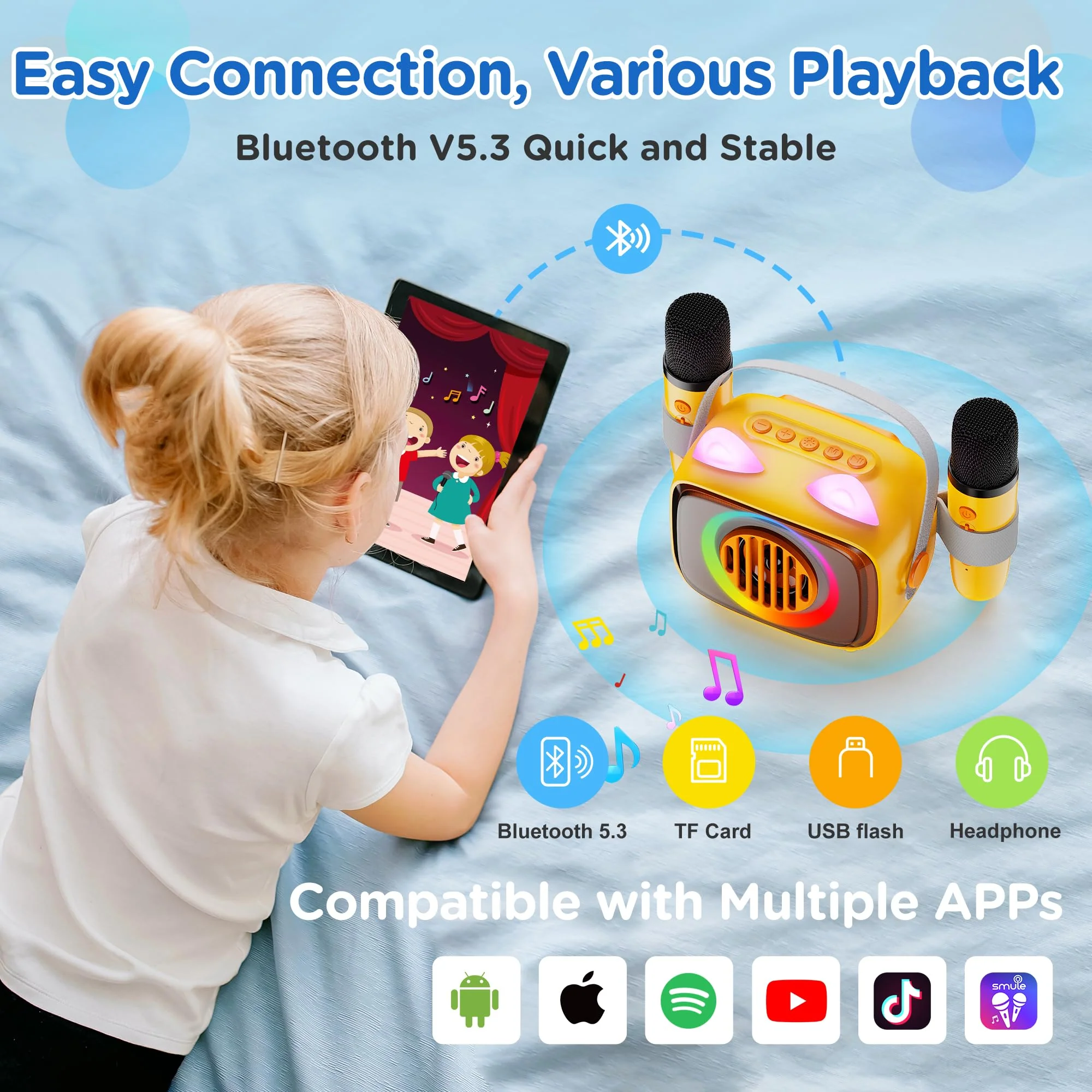 BIGASUO Karaoke Machine for Kids, Mini Portable Bluetooth Speaker with 2 Wireless Microphones and LED Lights, Kids Toys Ideal Gifts for Girls & Boys Birthday Home Party 1 - Image 8