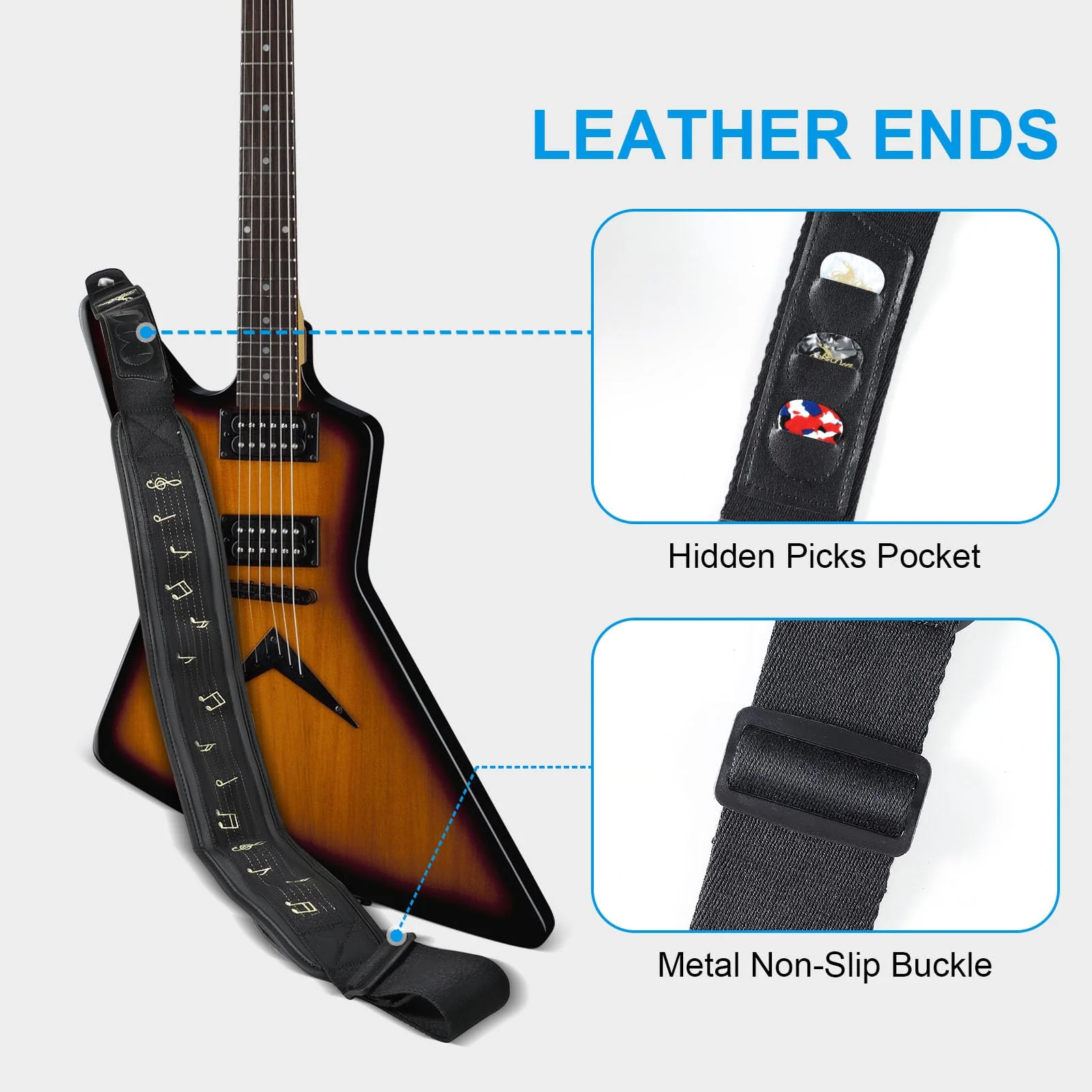 BigDeer pure black bass guitar strap for heavy bass and guitar, 3.35 "wide 3D sponge filled and neoprene material A-gold Embroidery A- 50" to 60" - Image 2